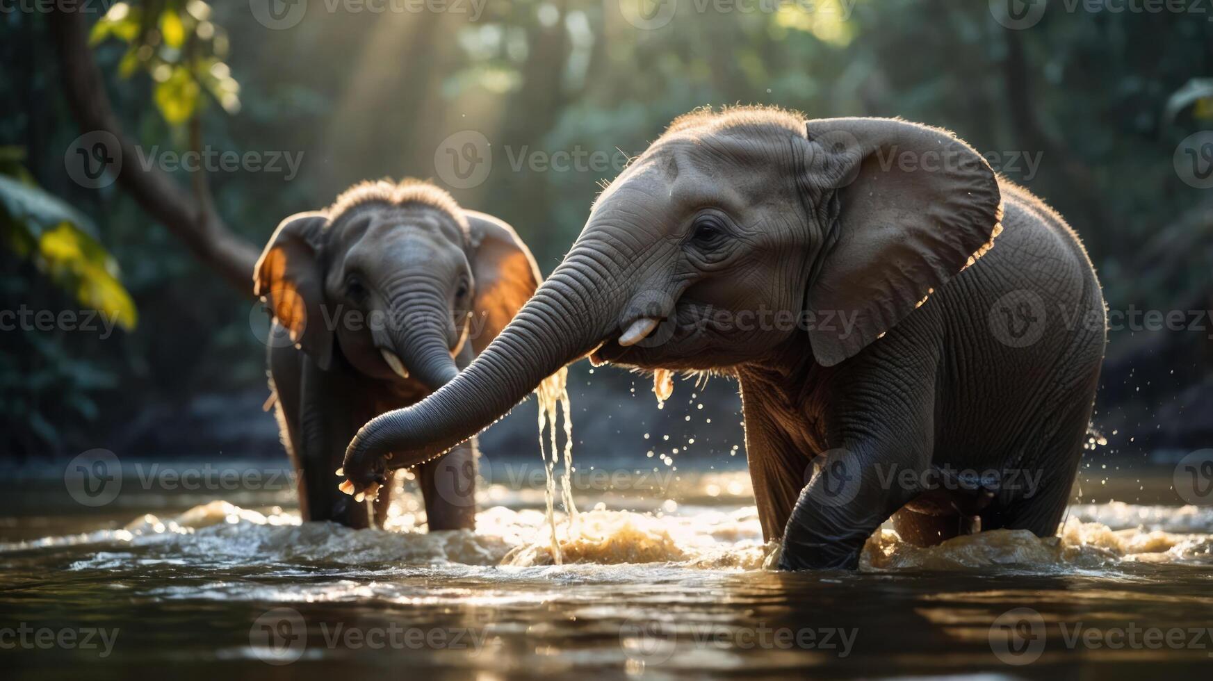 Two elephants playfully splash water in a serene jungle river, sun rays filtering through trees photo