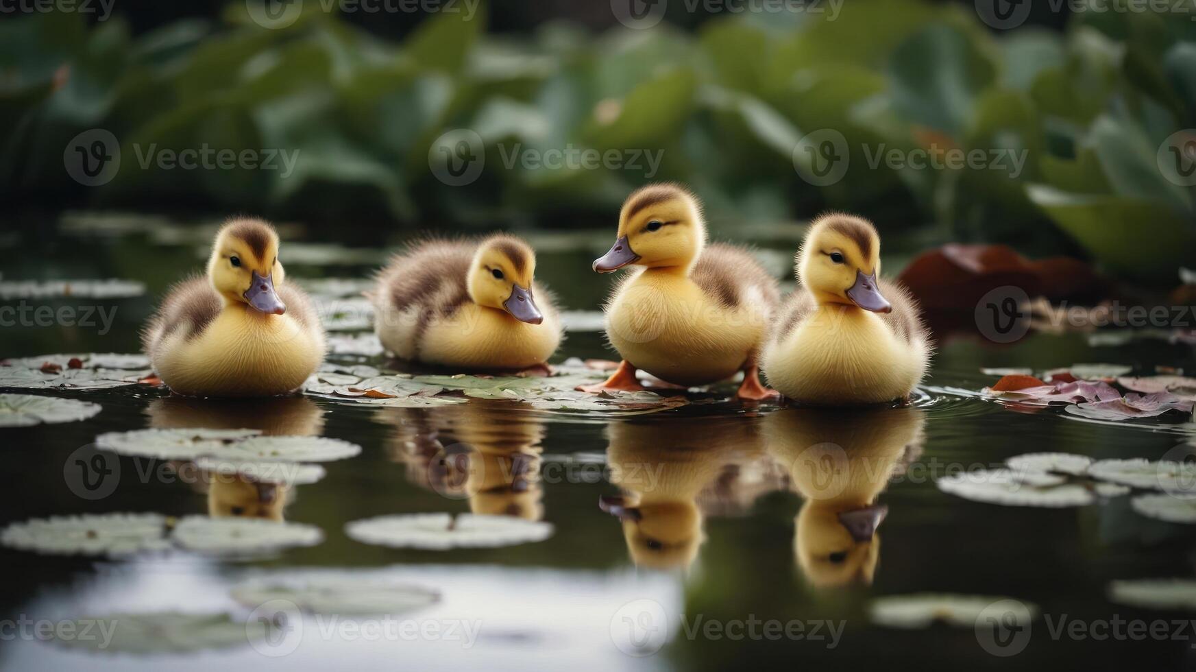 Four adorable ducklings floating on a serene pond surrounded by lily pads and greenery photo