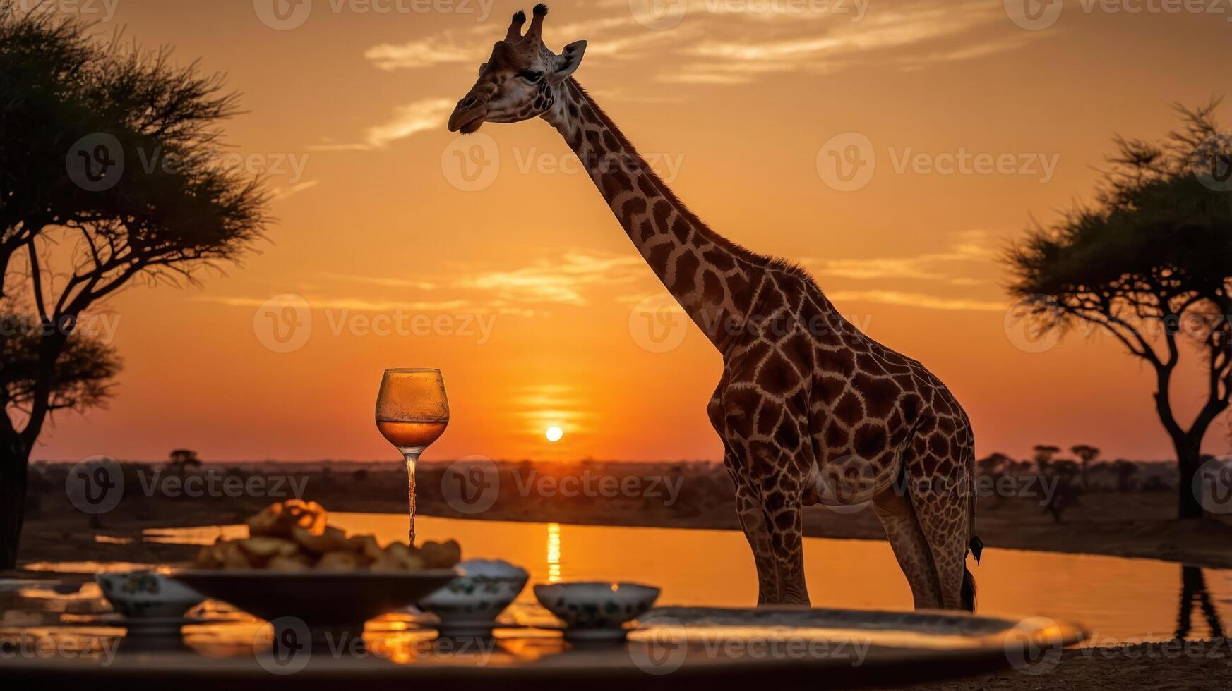 Serene sunset view with a giraffe near a river, a dining setup with food and wine in the foreground photo