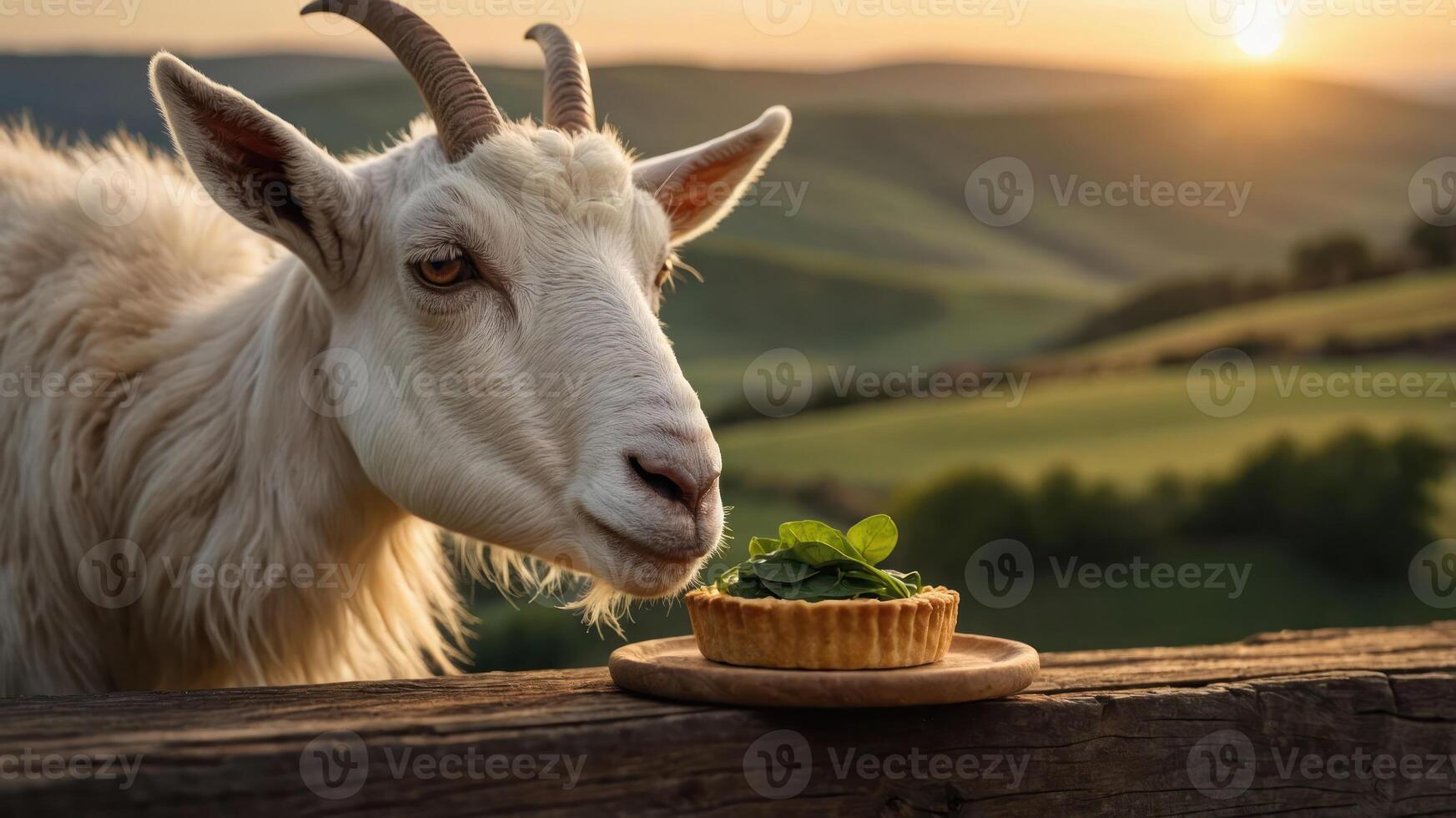 A curious goat gazes at a mint-topped dessert on a rustic wooden table at sunset in a serene landscape photo