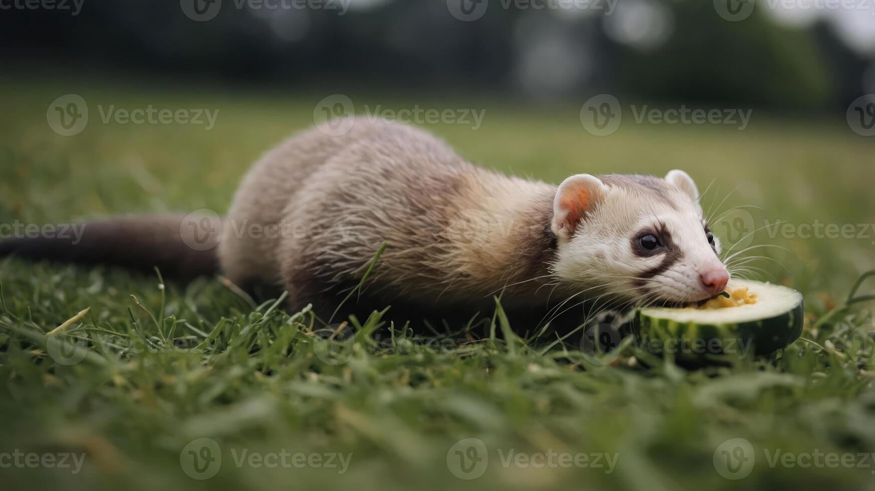 A playful ferret enjoying a slice of cucumber on a sunny day in a lush green park photo