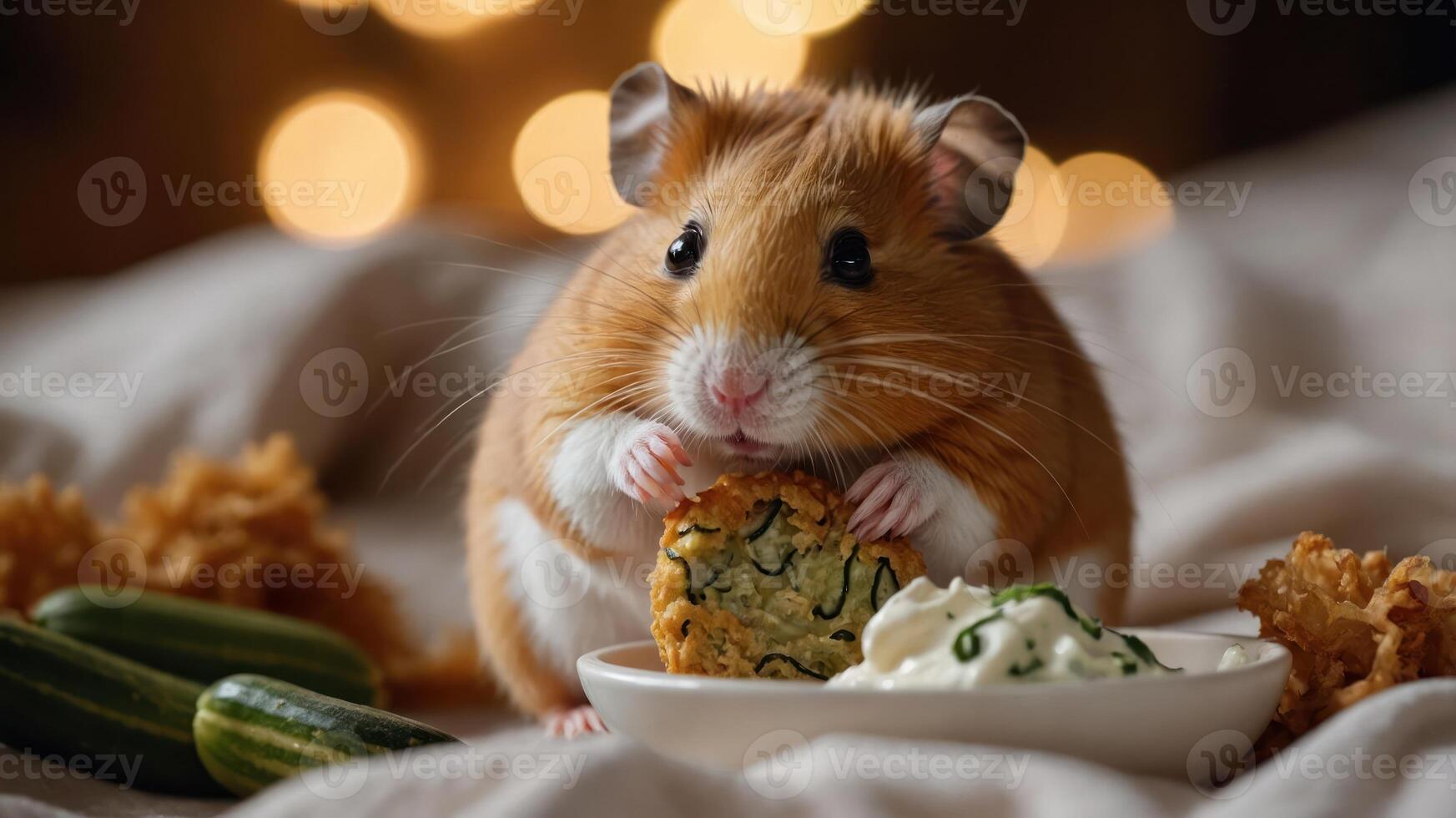 Adorable golden hamster enjoying a crispy snack on a cozy blanket with festive lights in the background photo