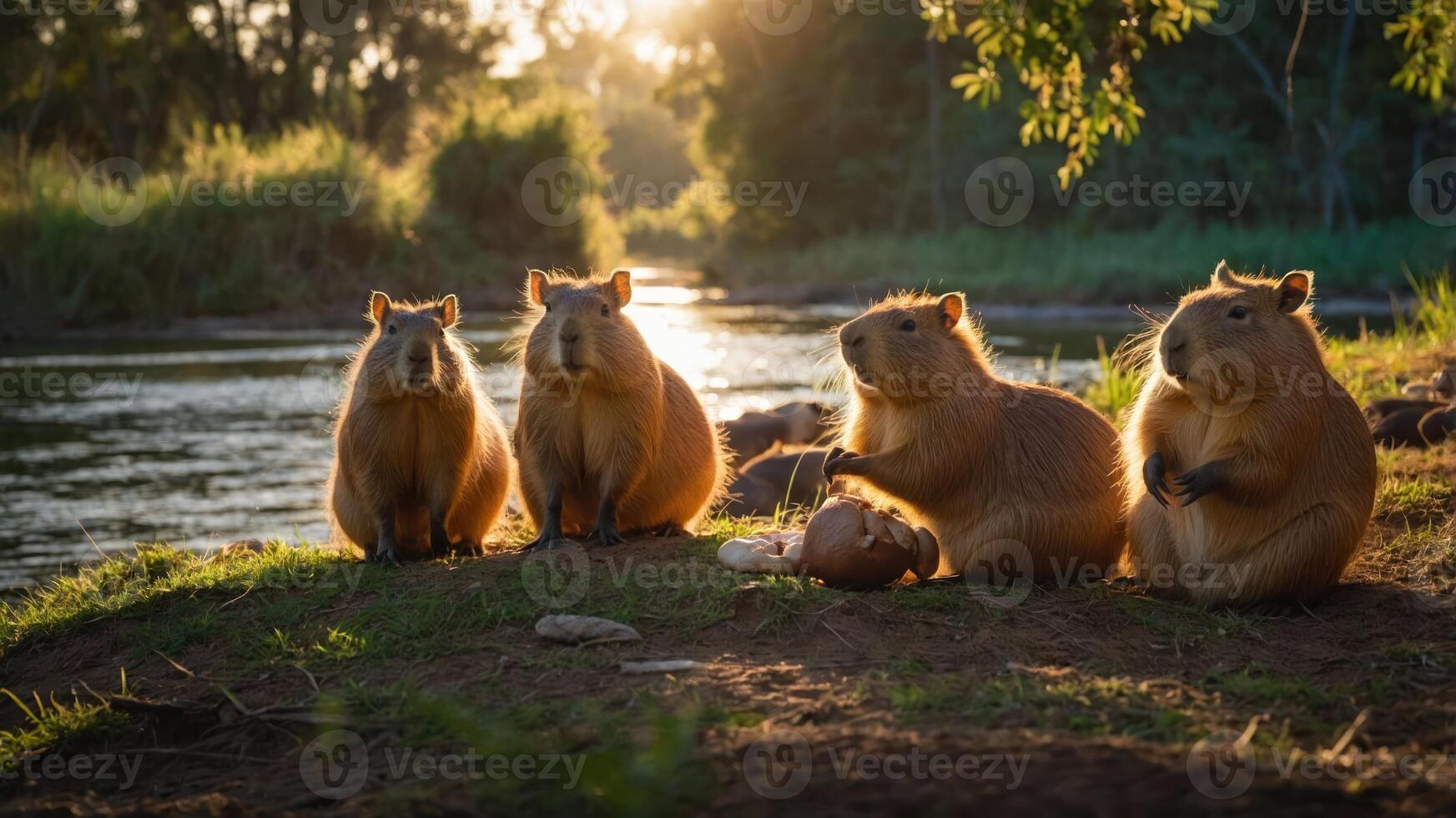 A group of capybaras lounging by a serene river during sunset, surrounded by lush greenery photo