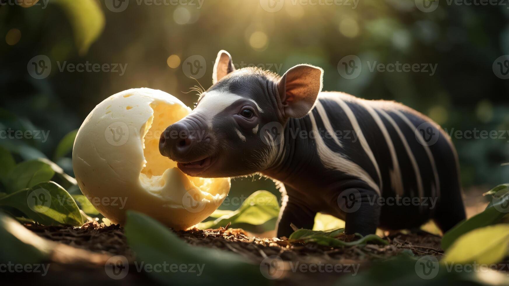 Young striped piglet playfully interacting with a cracked egg in a lush green forest setting photo