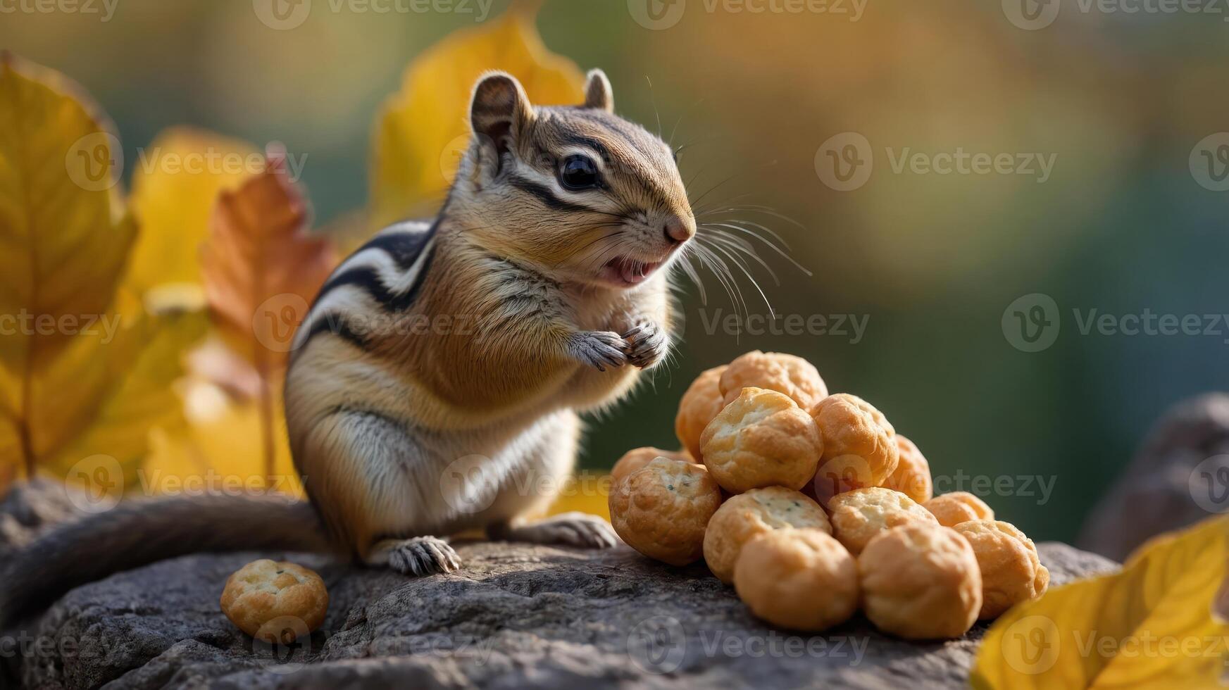A chipmunk enjoying a pile of snacks amidst vibrant autumn leaves in a serene forest setting photo