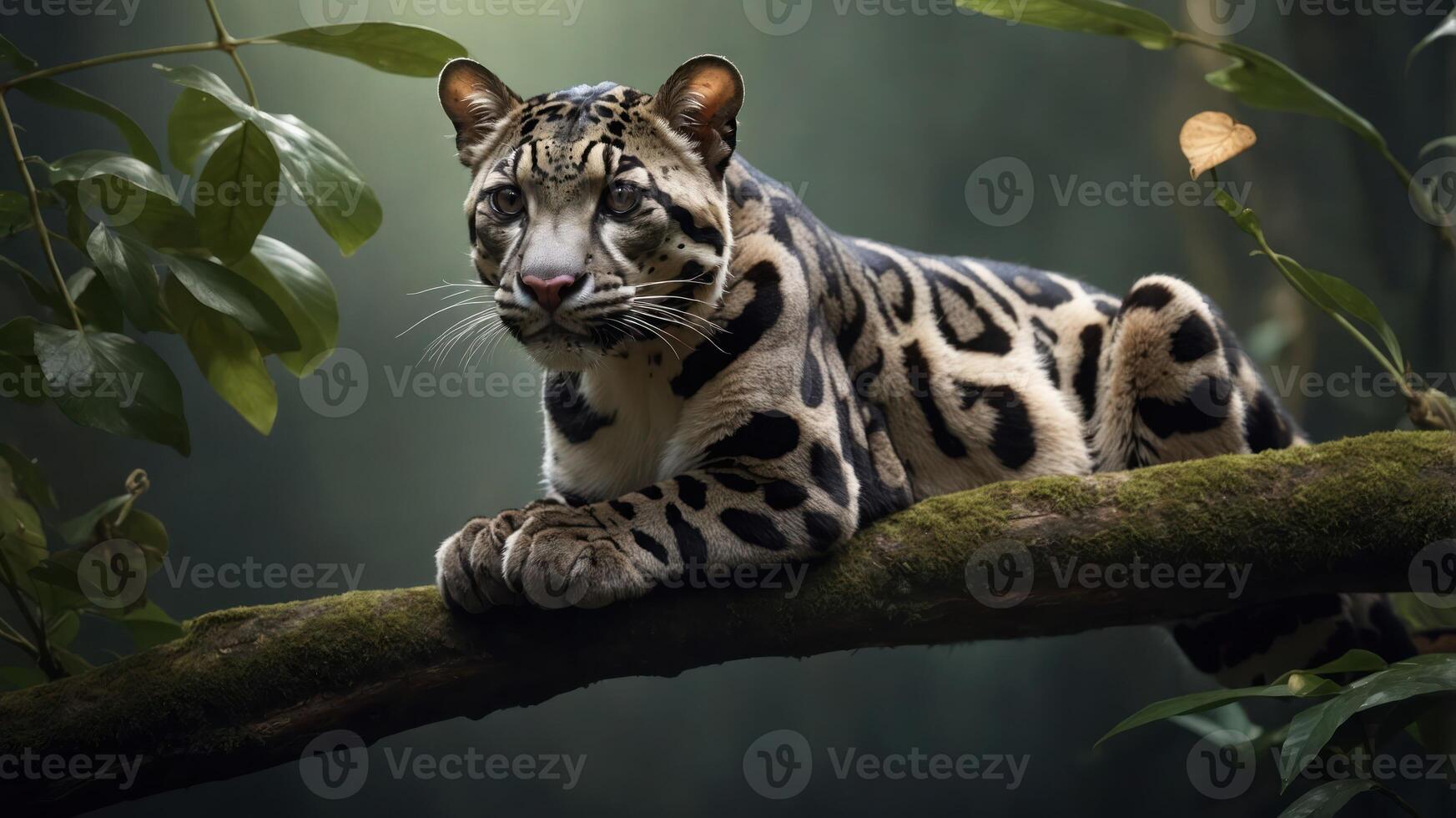 A majestic clouded leopard resting on a moss-covered branch in a lush green rainforest photo