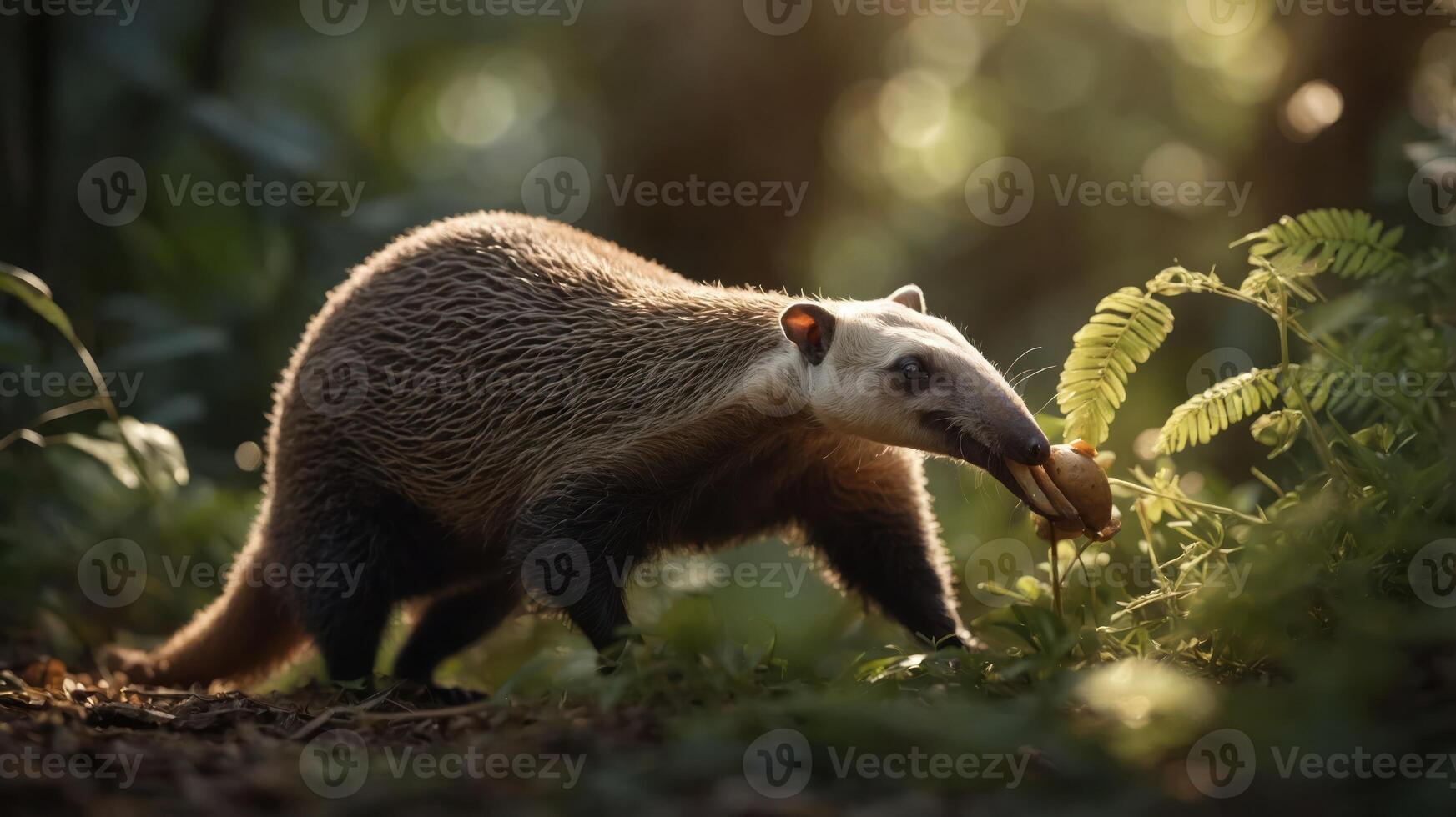 A curious anteater foraging for food among lush greenery in a serene forest setting photo