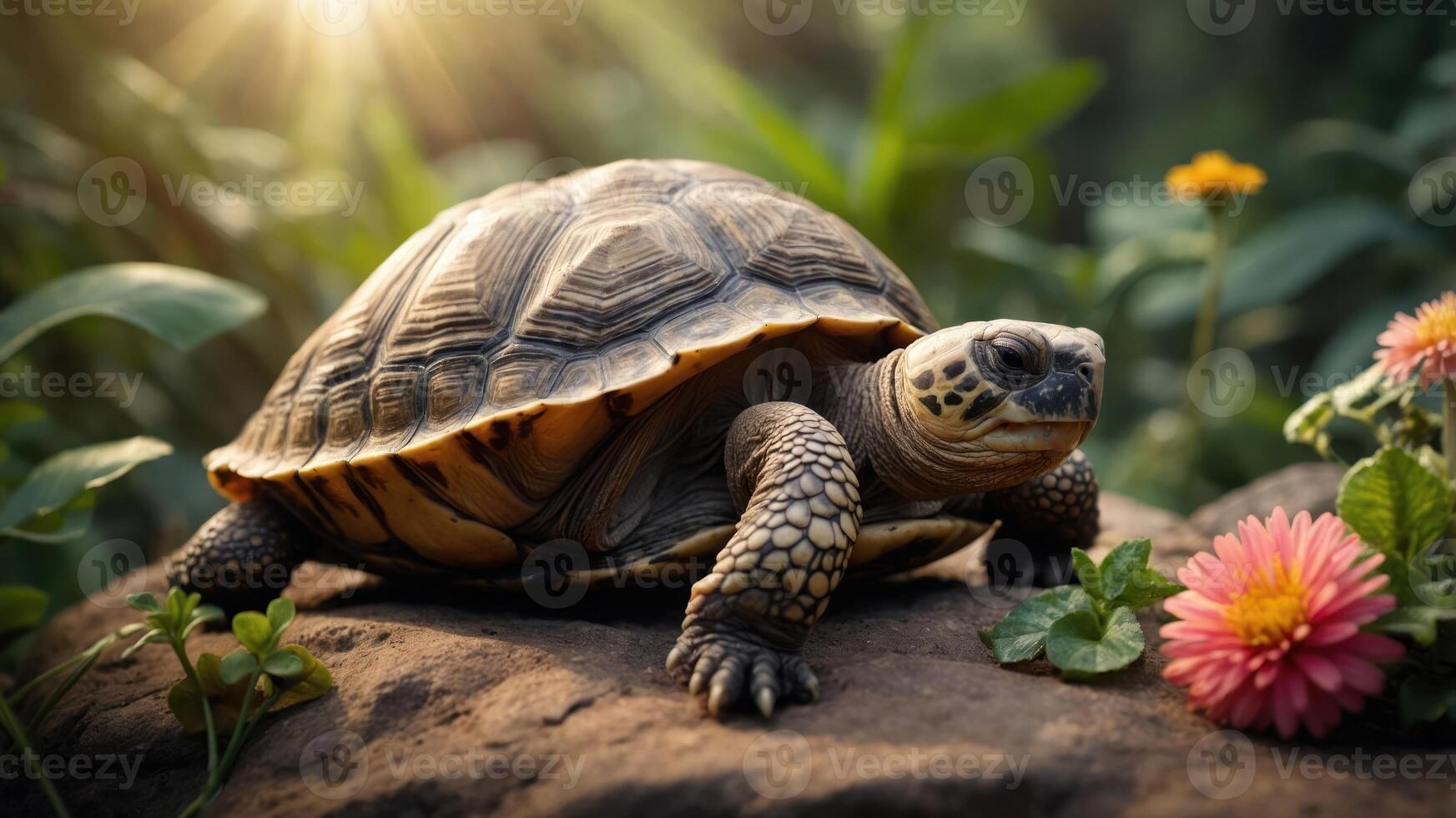 A tortoise resting on a rock amidst vibrant flowers and lush greenery in a sunlit garden photo