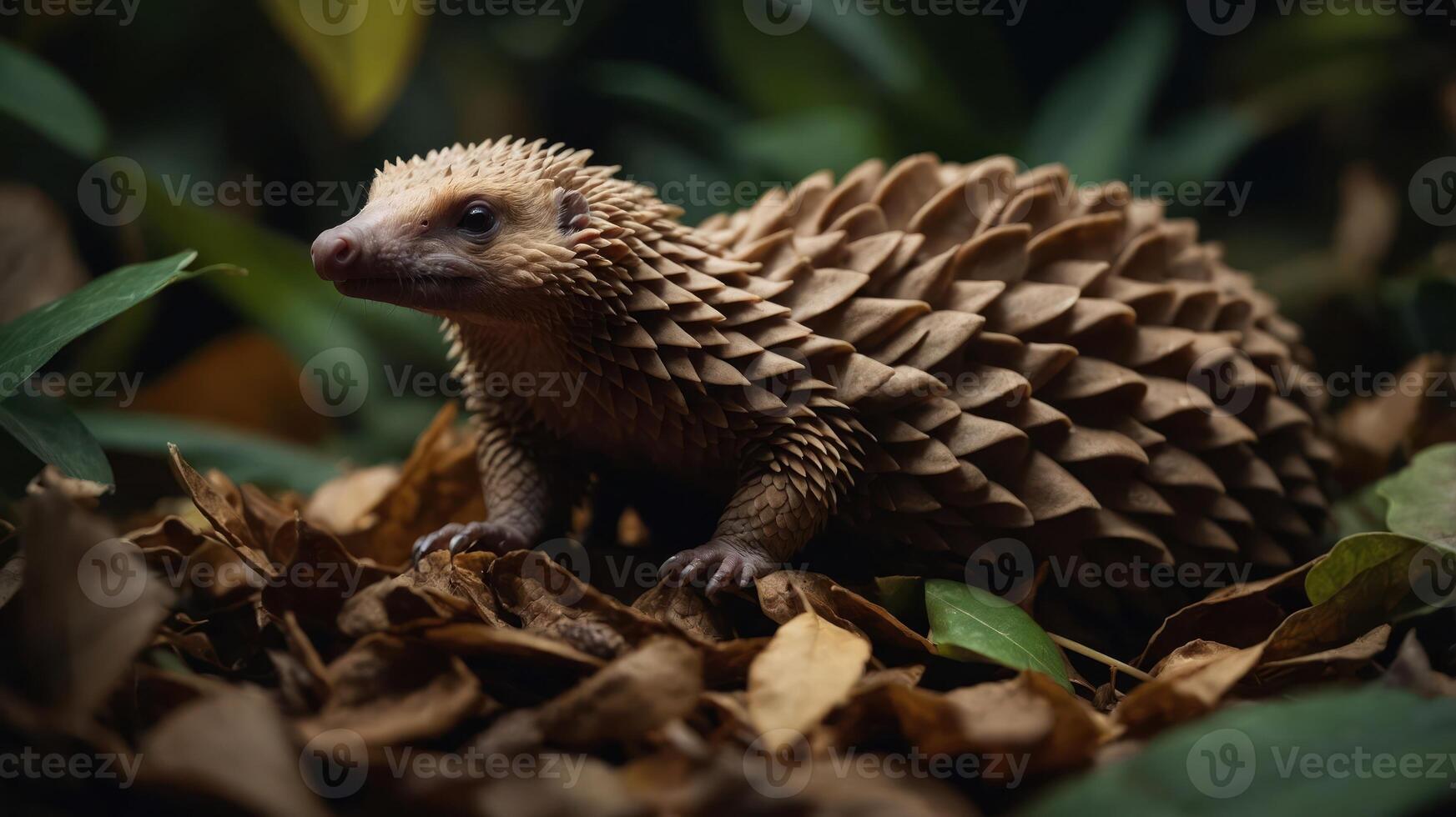 A close-up of a pangolin navigating through a forest floor covered in leaves, showcasing its unique scales photo