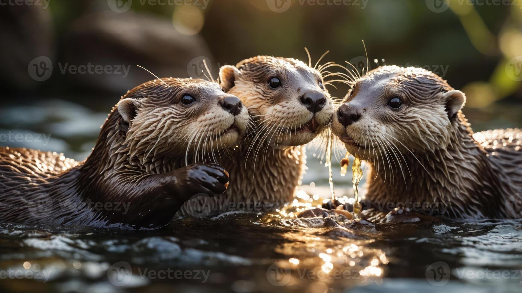 Three playful otters interacting in a serene water setting, surrounded by lush greenery and sunlight photo