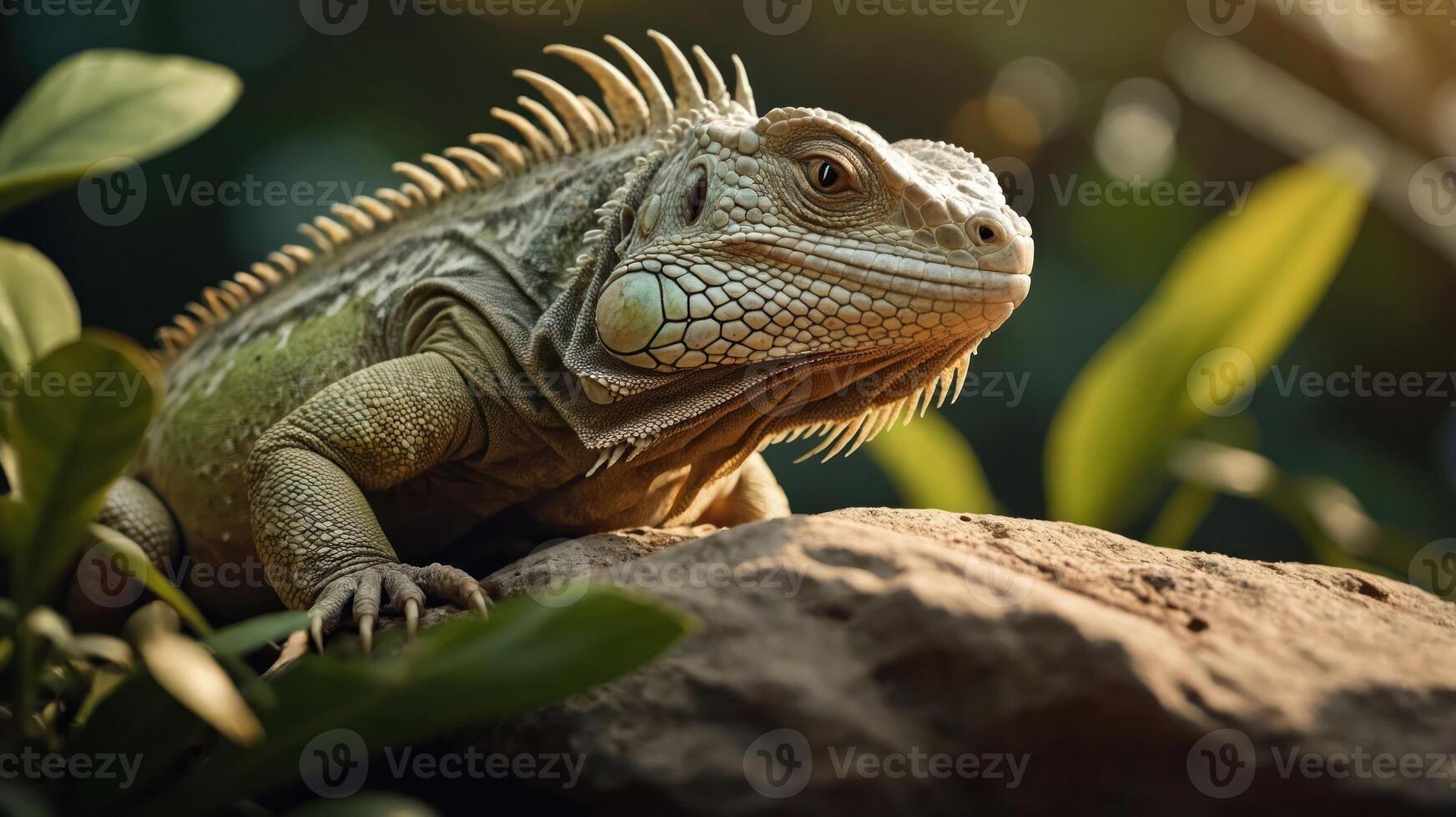 Close-up view of a vibrant iguana resting on a rock surrounded by lush green foliage photo