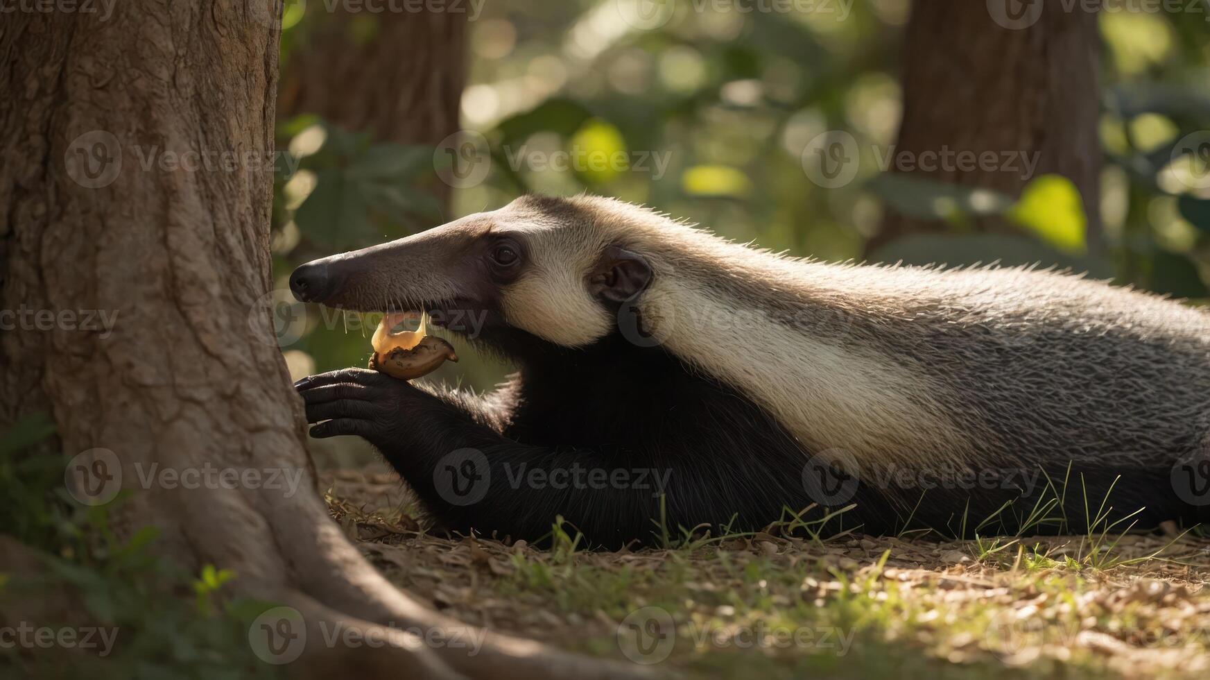 A peaceful anteater enjoying a snack in a lush forest setting with dappled sunlight filtering through photo