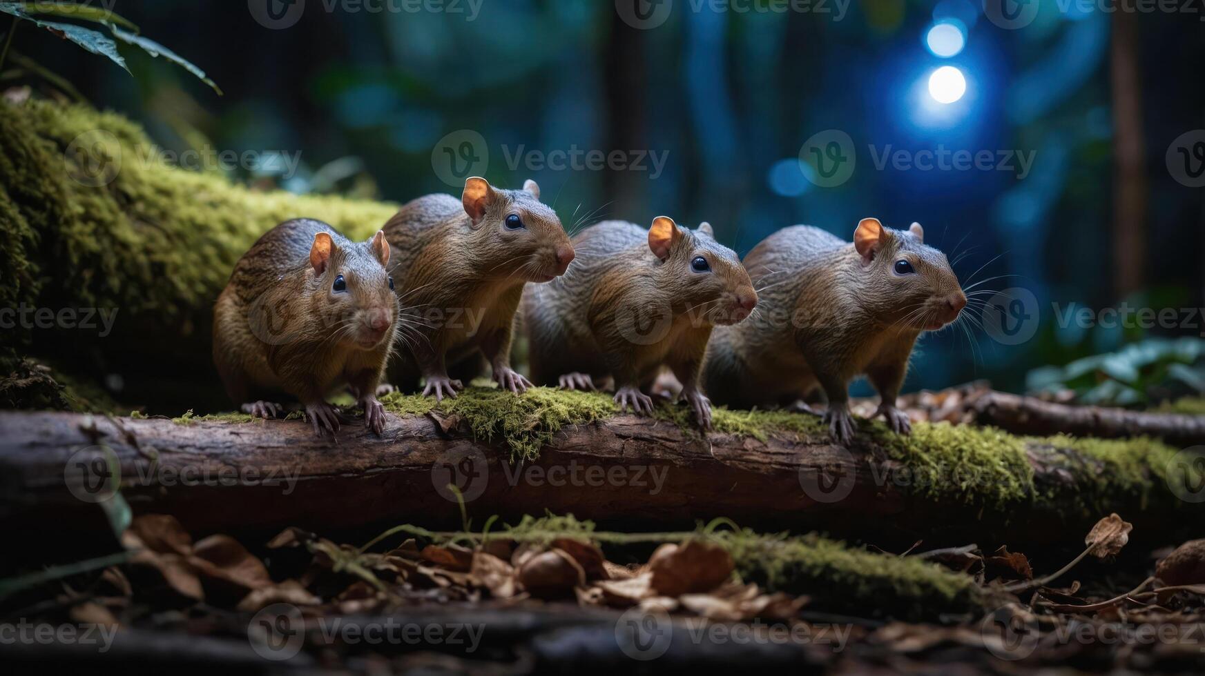 Four small rodents exploring a mossy log in a lush forest with soft blue lighting in the background photo