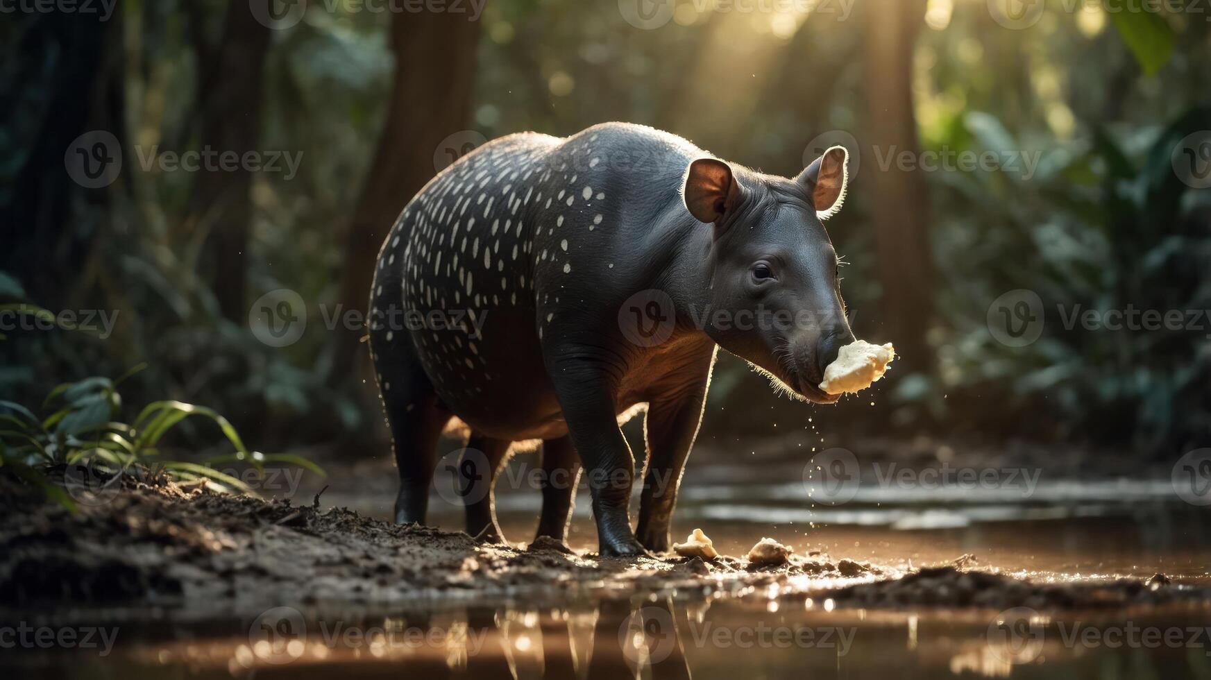 A solitary tapir stands in a serene forest stream, enjoying a snack amidst lush greenery and sunlight photo