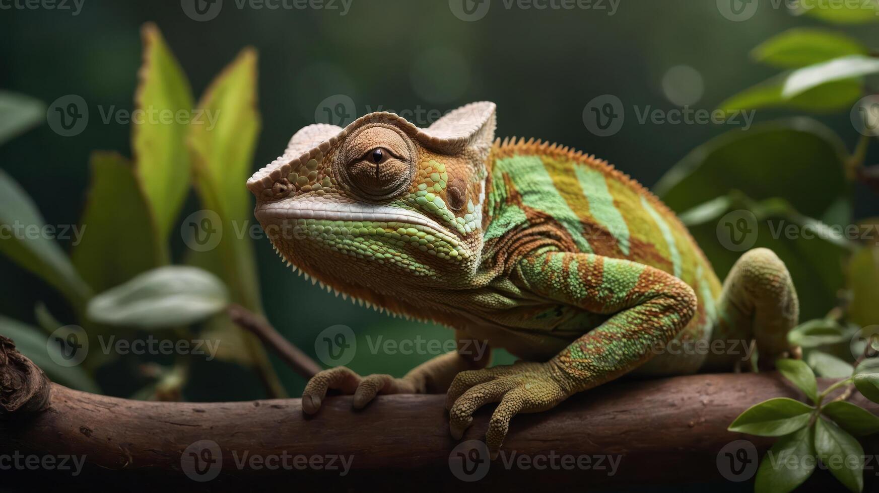 Colorful chameleon perched on a branch amidst lush greenery, showcasing its vibrant patterns photo