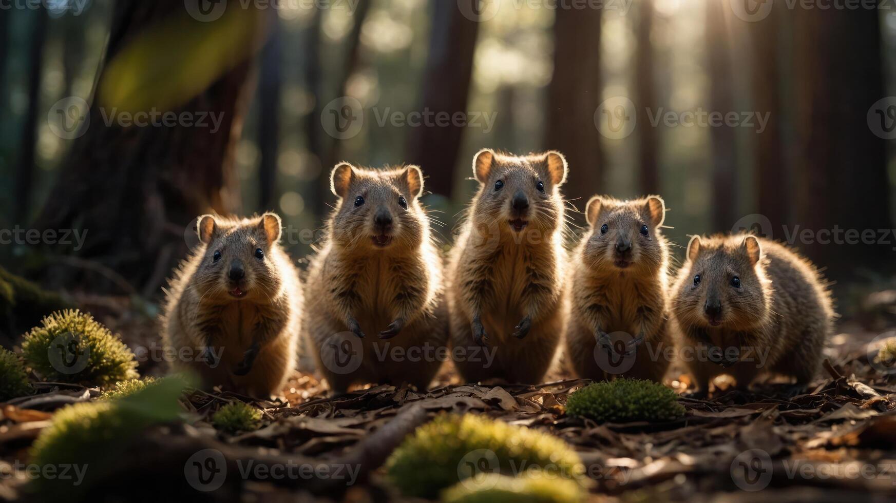 Five adorable quokkas standing in a sunlit forest, surrounded by greenery and soft light photo