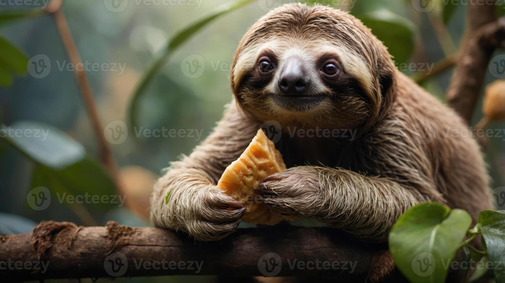 A sloth enjoying a piece of fruit while perched on a branch in a lush, green rainforest habitat photo