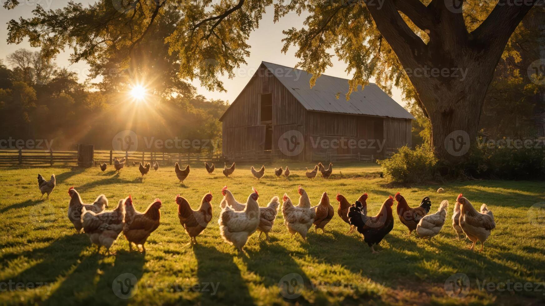 Chickens roaming freely in a sunlit farmyard with a rustic barn and trees in the background photo