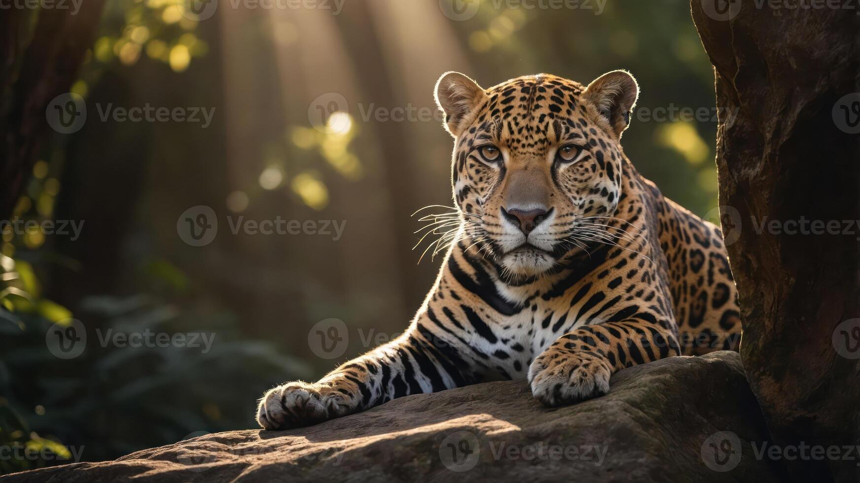 Majestic leopard resting on a rock in a sunlit forest, surrounded by lush greenery and soft light photo
