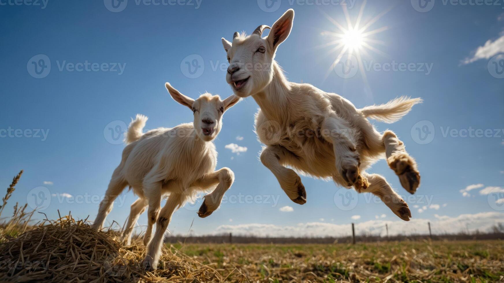 Two playful goats jumping joyfully in a sunny field with a clear blue sky and distant trees photo