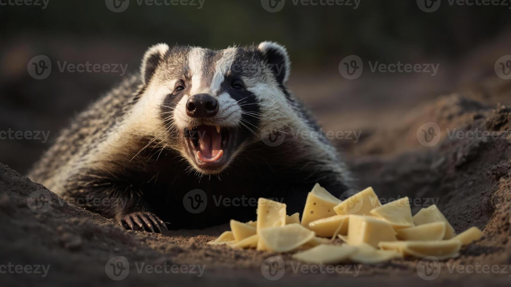 A badger growls fiercely while surrounded by pieces of cheese in a natural setting at dusk photo