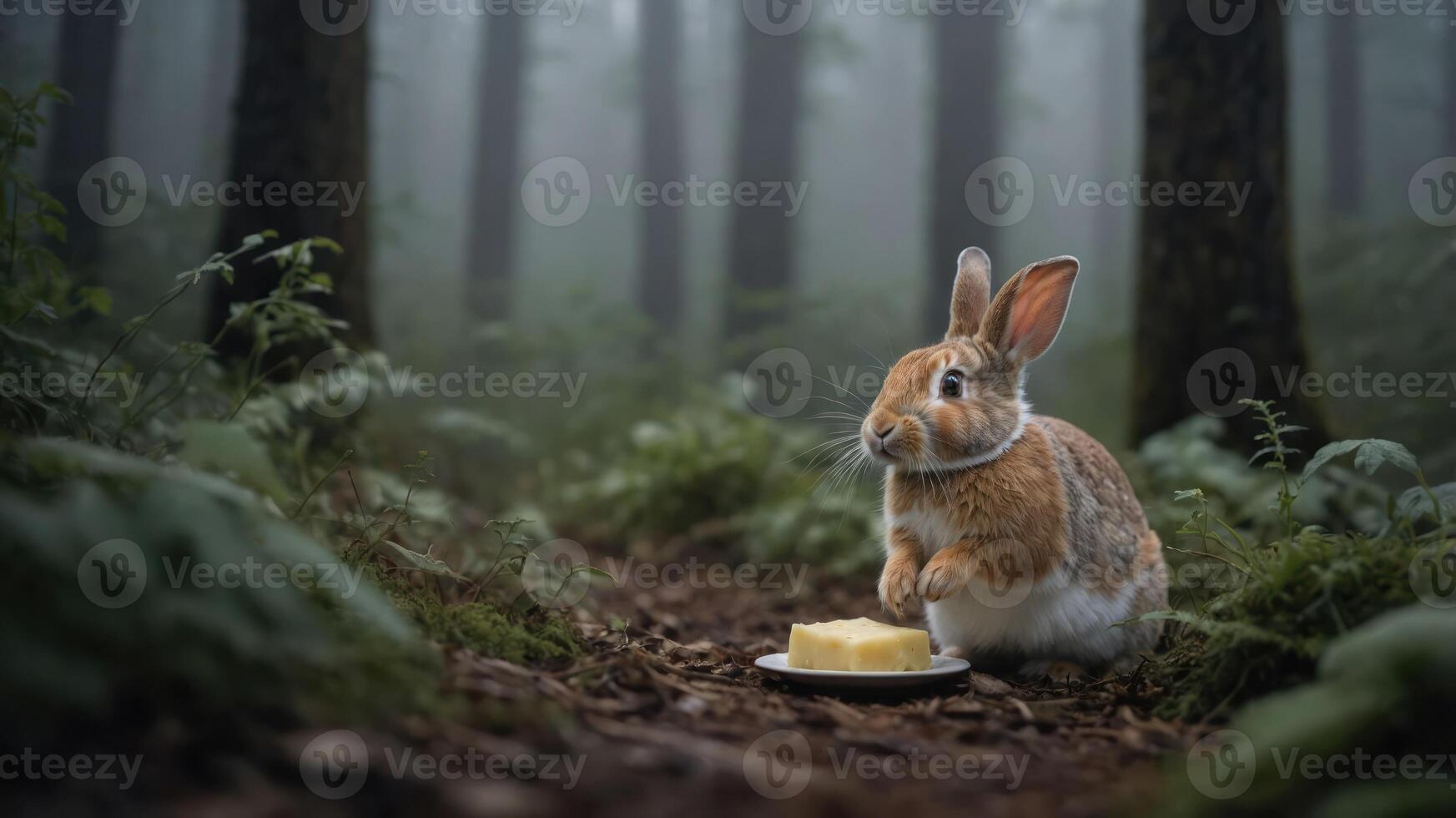 A curious rabbit enjoying a piece of cheese on a forest path surrounded by misty trees photo
