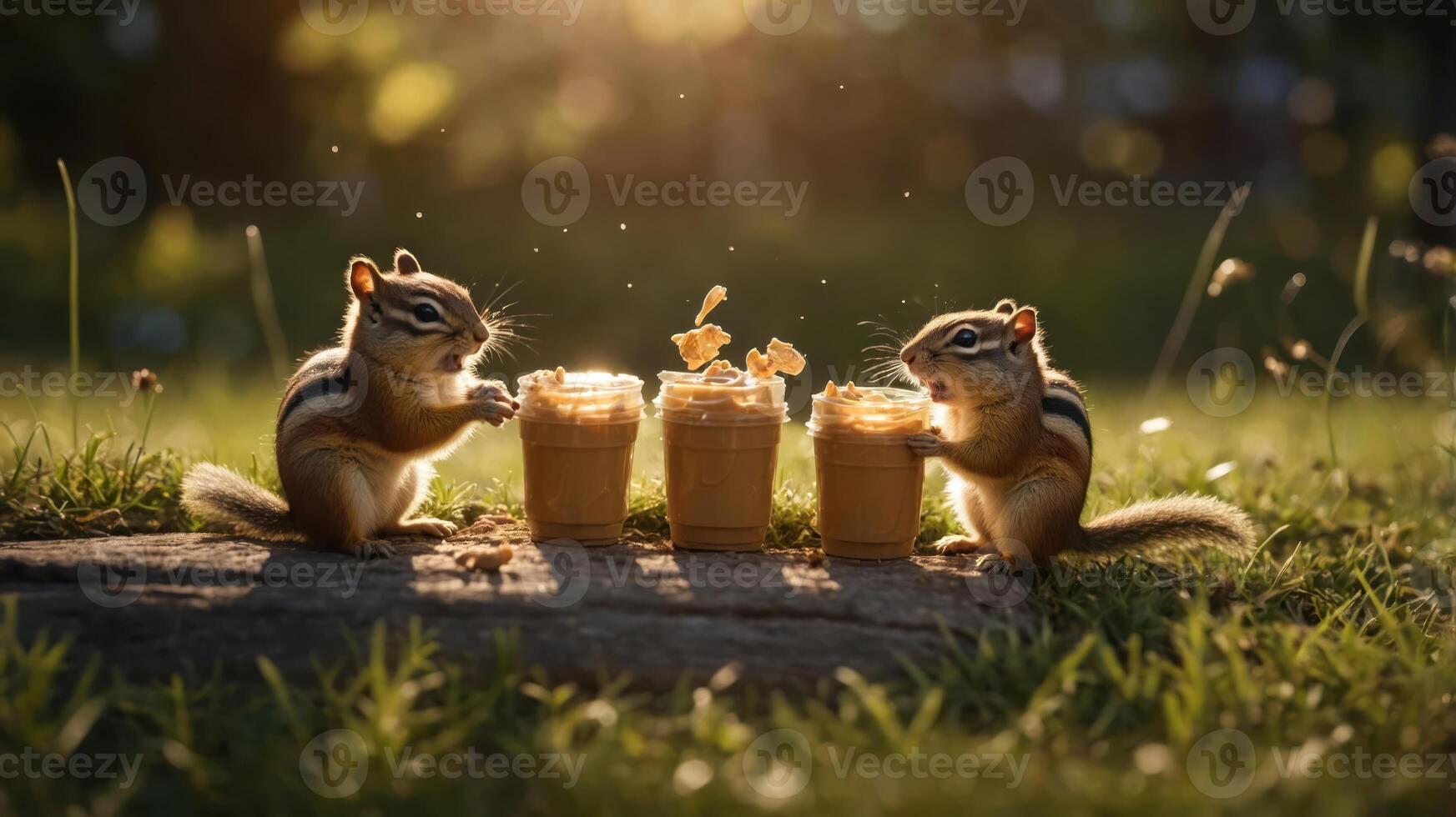 Two chipmunks joyfully enjoying peanut butter from jars in a sunlit grassy setting photo