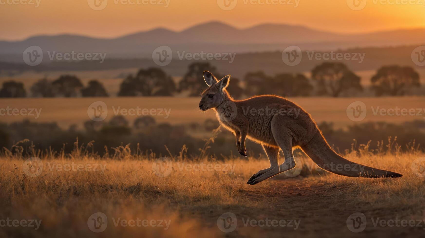 Kangaroo leaping across a golden field at sunset with distant mountains and trees in background photo
