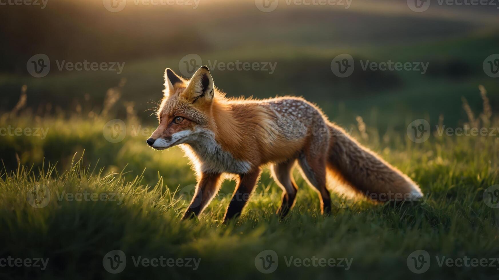 A majestic red fox gracefully walks through a sunlit meadow during golden hour, with hills in the background photo