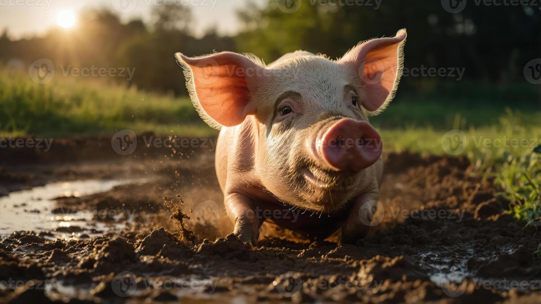 Playful pig running through muddy field during sunset, surrounded by lush greenery and soft light photo