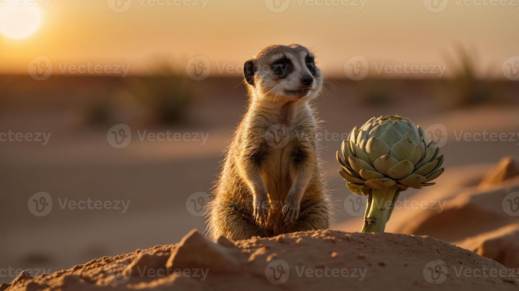 A curious meerkat standing on a sandy dune at sunset, with a cactus-like plant nearby photo