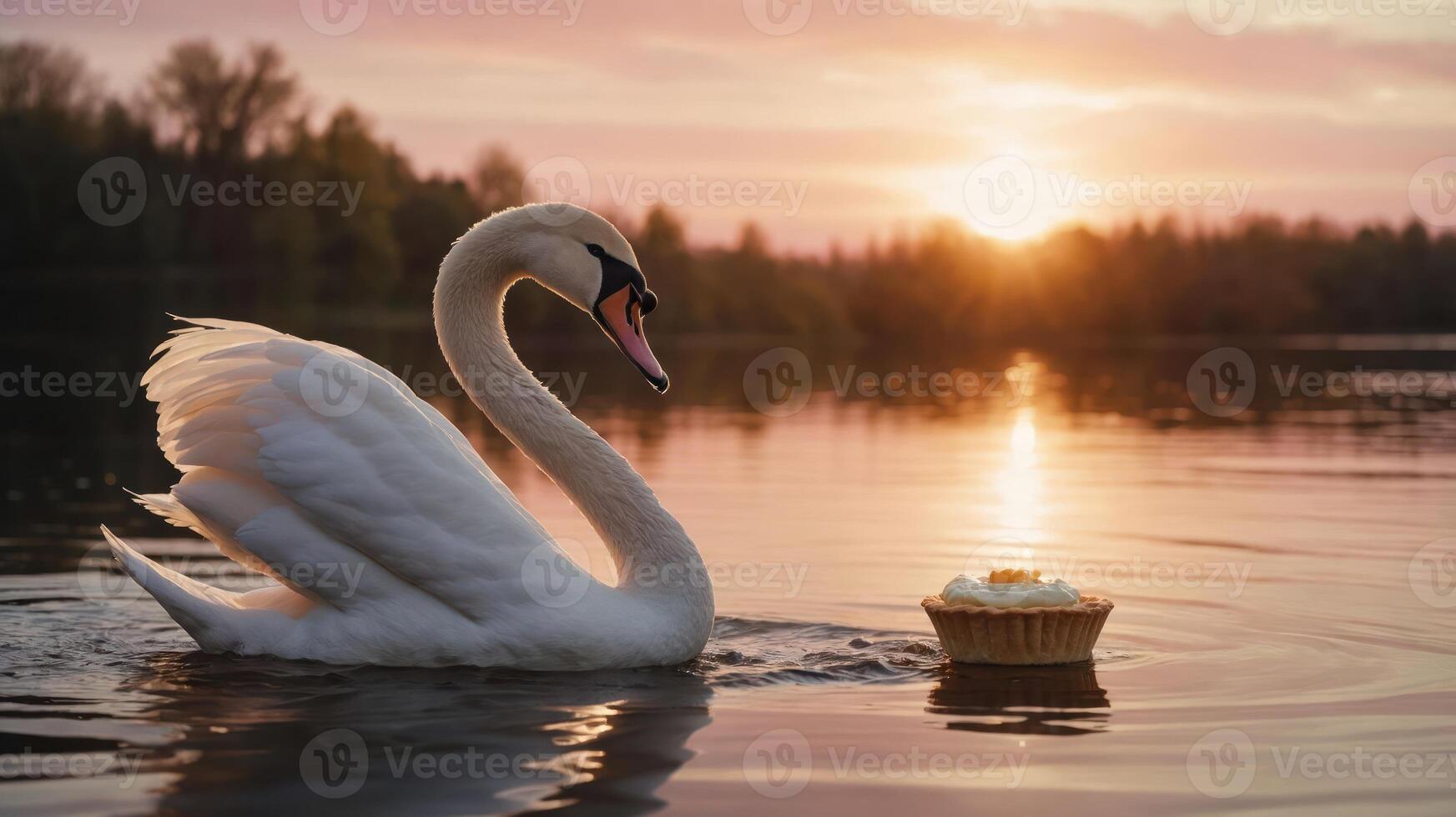 Elegant swan gliding on tranquil lake at sunset, with a dessert floating nearby, creating a serene scene photo