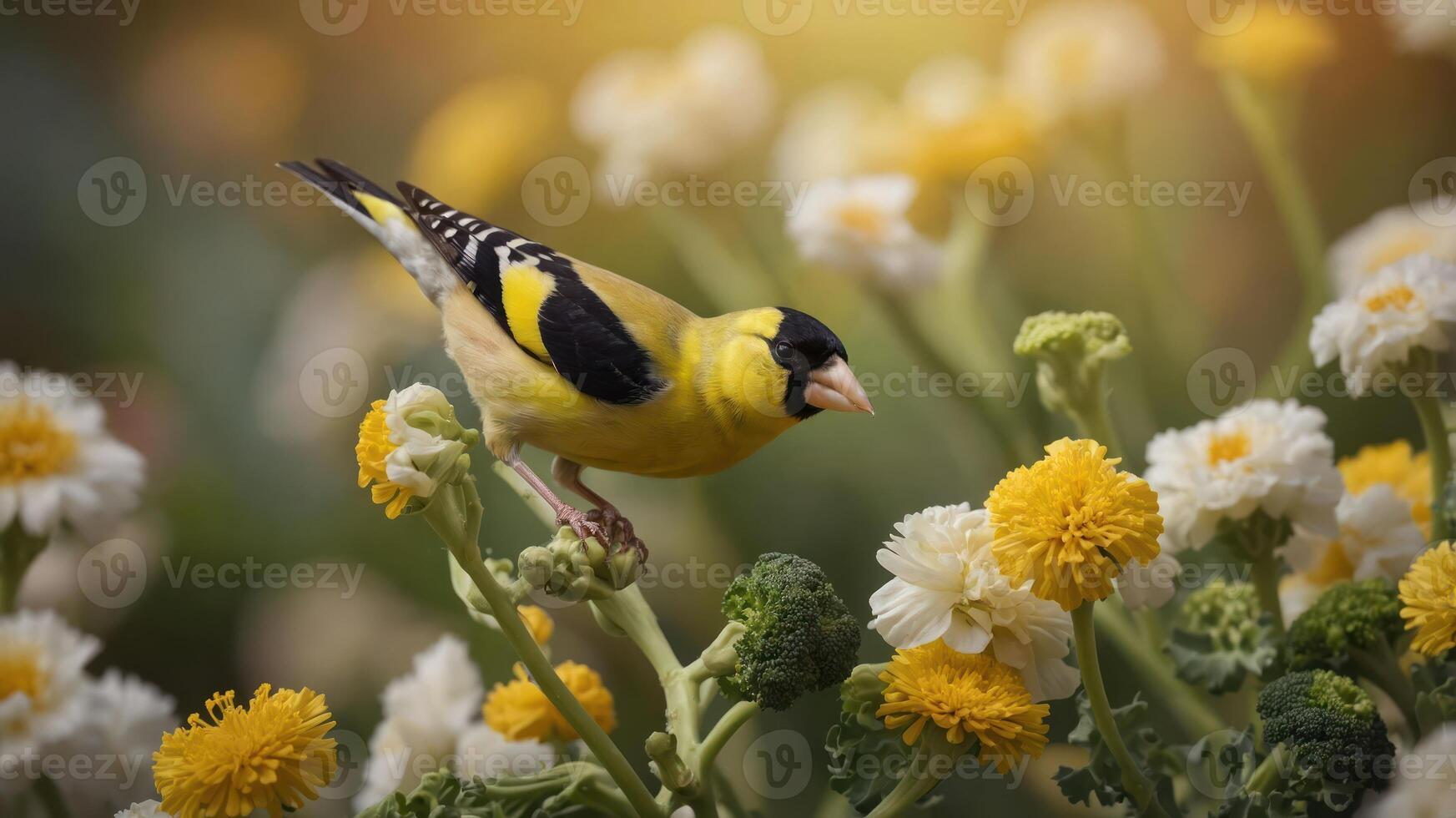 Vibrant yellow bird perched on blooming flowers in a sunny garden, showcasing nature's beauty photo