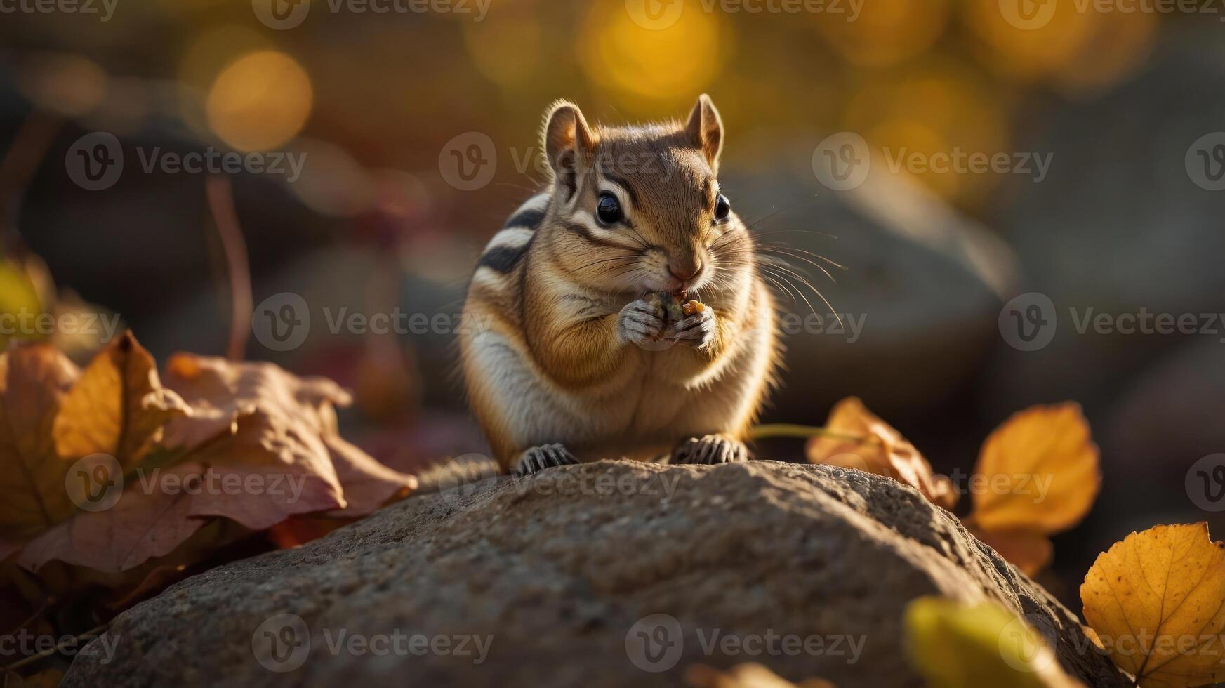 A chipmunk munching on a snack while surrounded by autumn leaves and soft sunlight photo