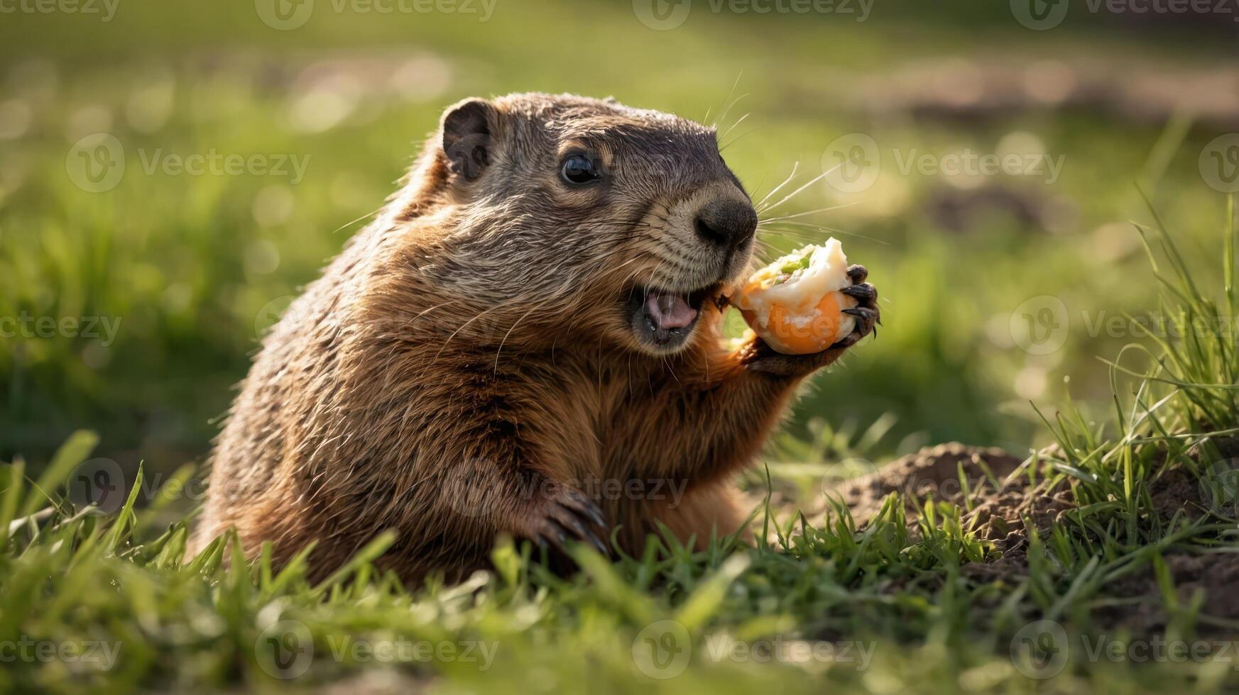 A playful groundhog munching on an orange in a sunlit grassy field during spring photo