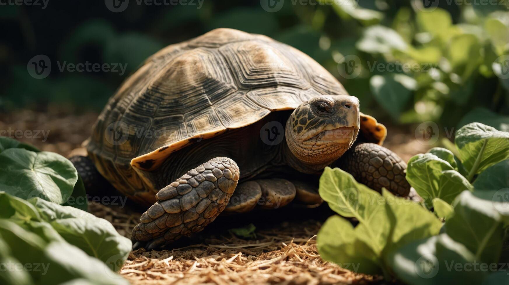 A tortoise resting on a bed of mulch surrounded by lush green leaves in a serene garden setting photo