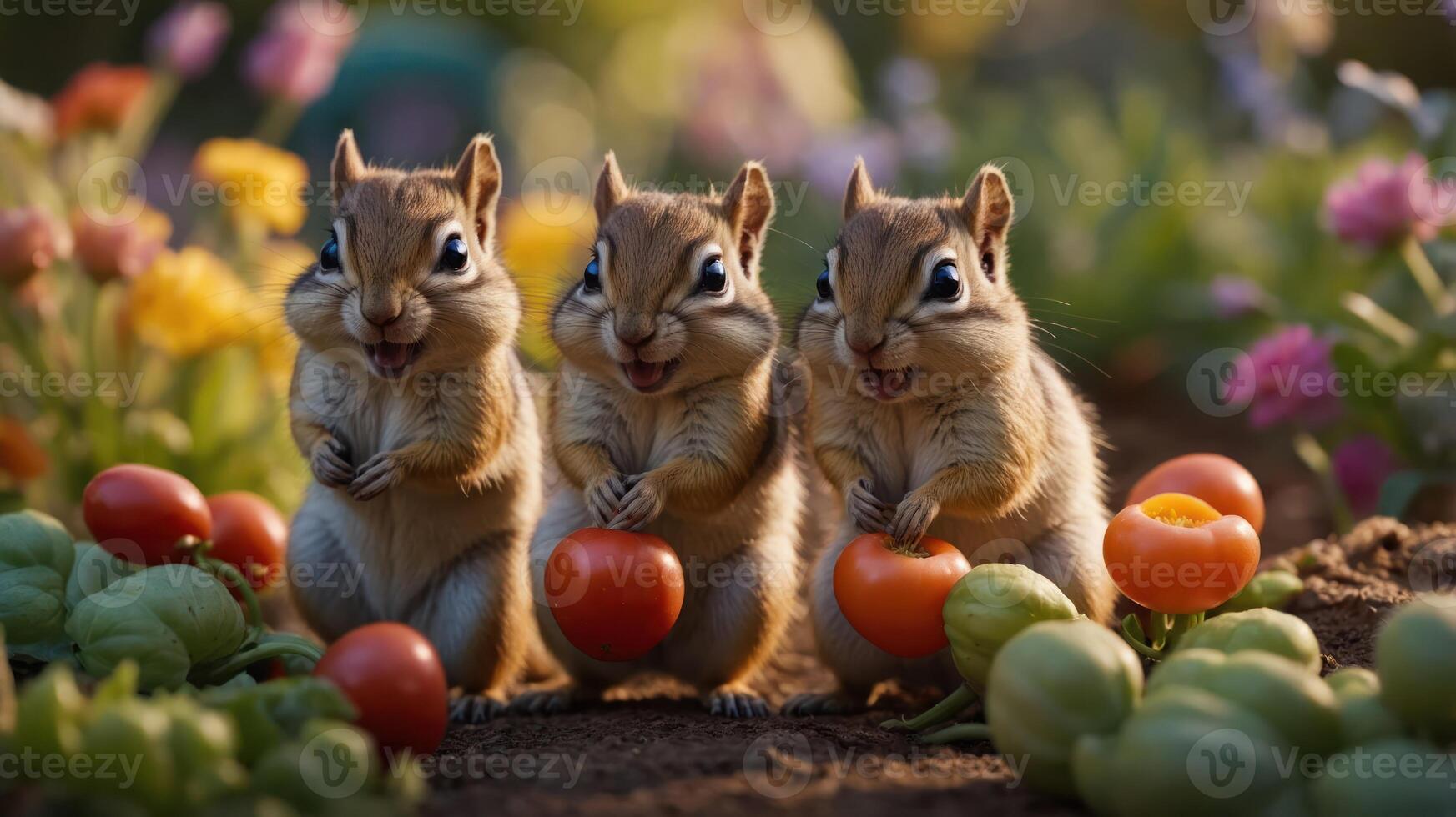 Three chipmunks joyfully holding ripe tomatoes in a vibrant garden filled with flowers photo