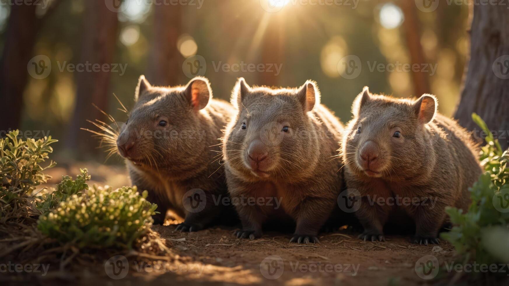Three adorable wombats resting together in a sunlit forest, surrounded by greenery and soft light photo