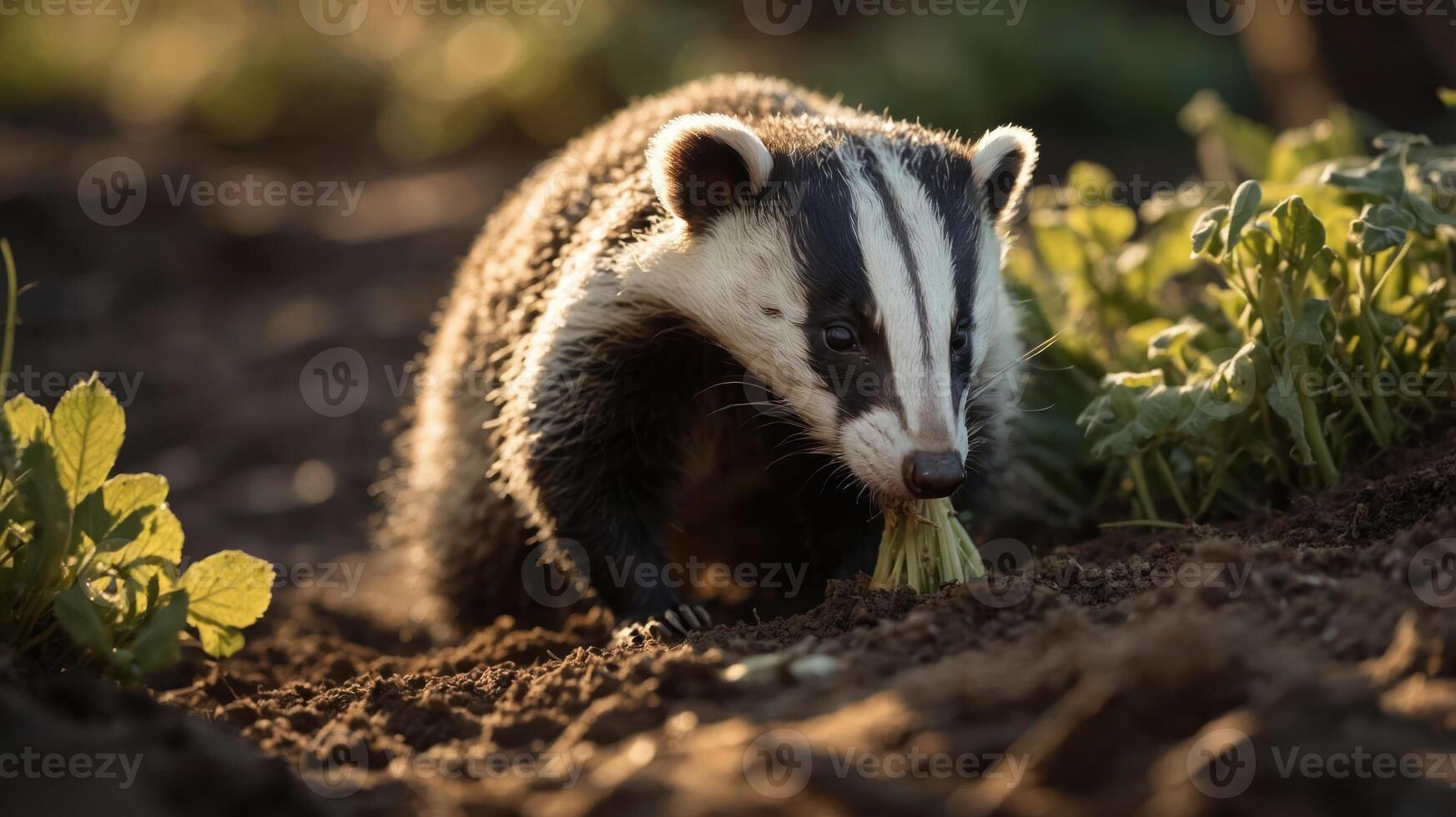 A close-up of a badger foraging for food in a lush green field during golden hour photo