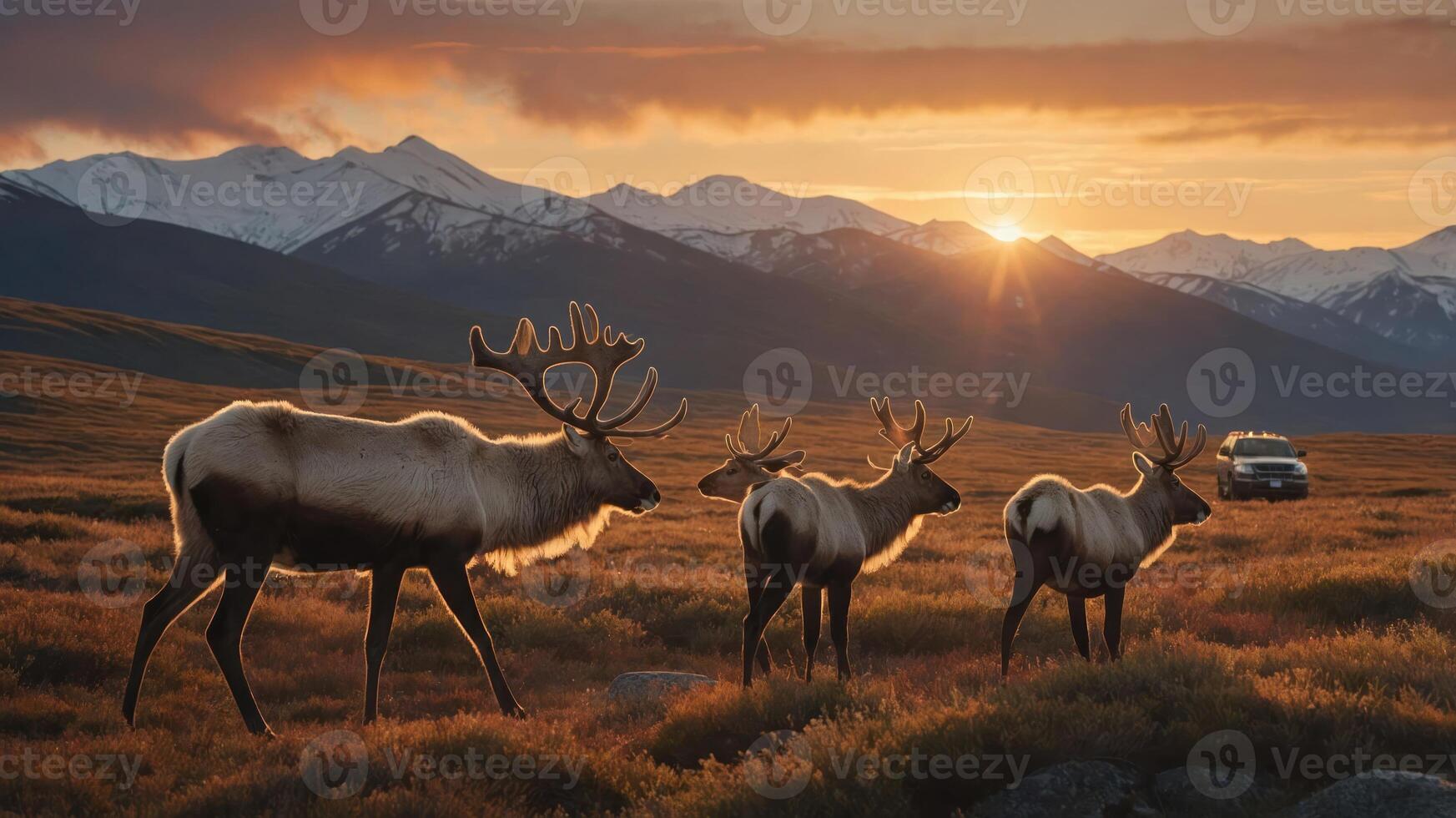 Majestic reindeer grazing at sunset in mountainous landscape, with a vehicle in the background photo