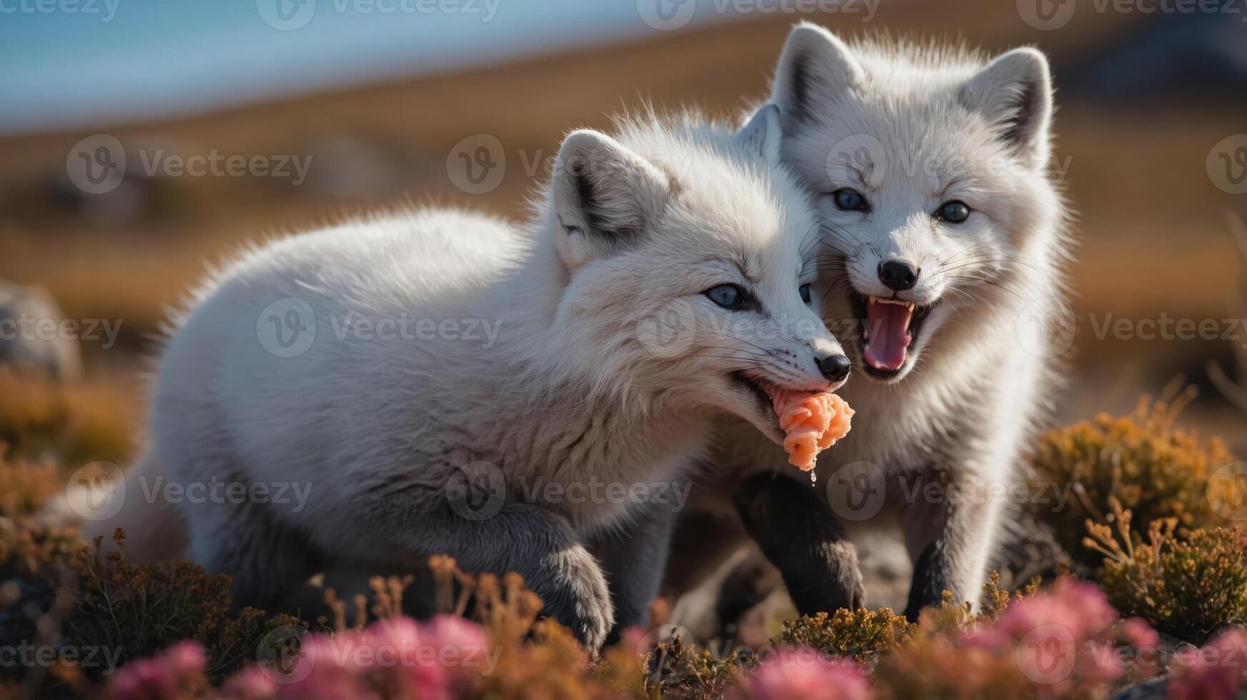 Two playful Arctic foxes in a vibrant field of flowers, one holding a piece of meat, under a clear sky photo