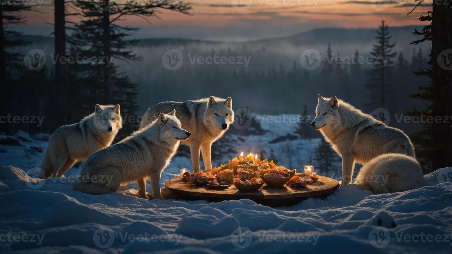 A serene gathering of wolves around a feast in a snowy forest at dusk, with soft candlelight photo