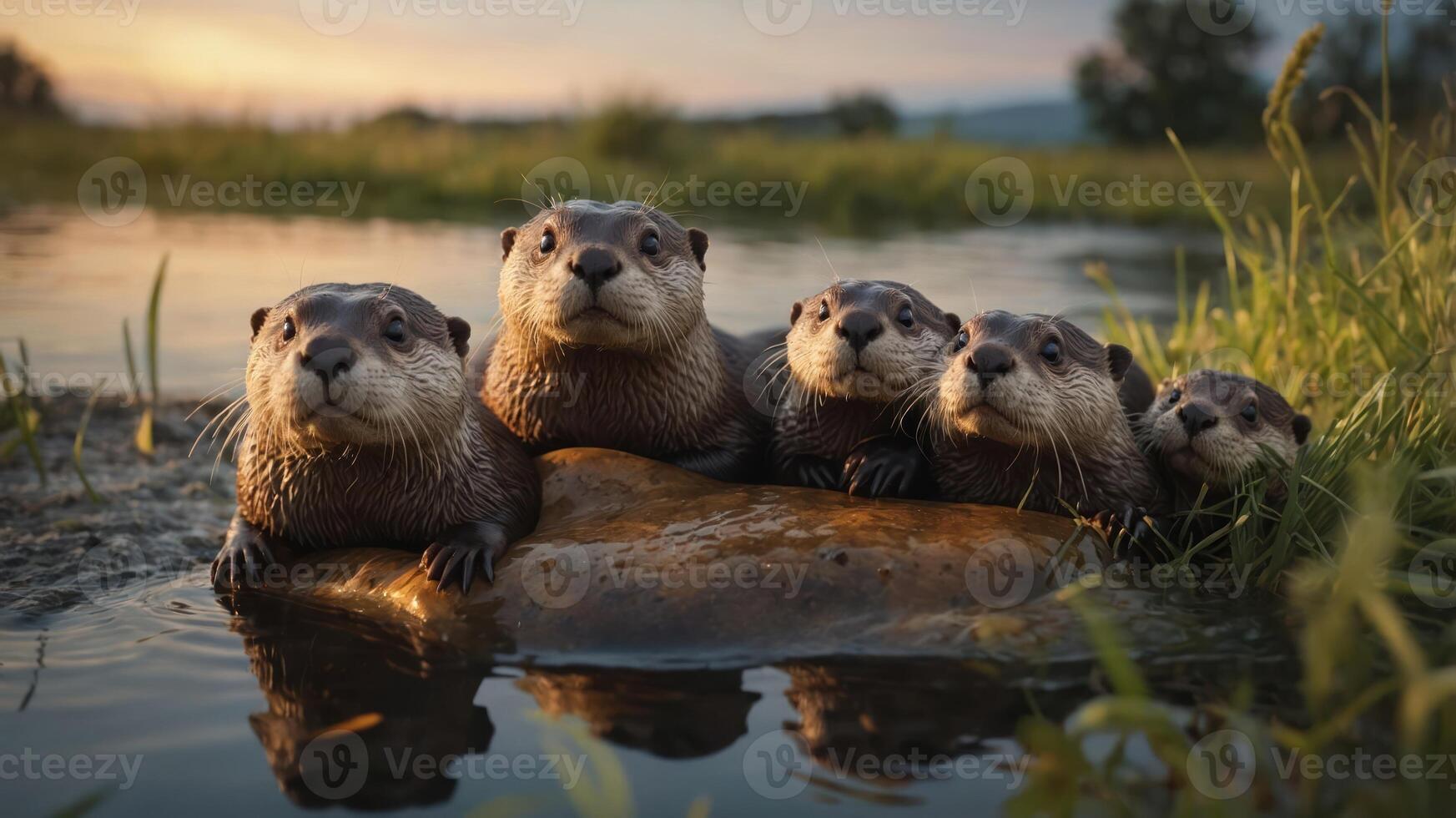 Group of playful otters resting on a rock by a serene river at sunset, showcasing nature's beauty photo
