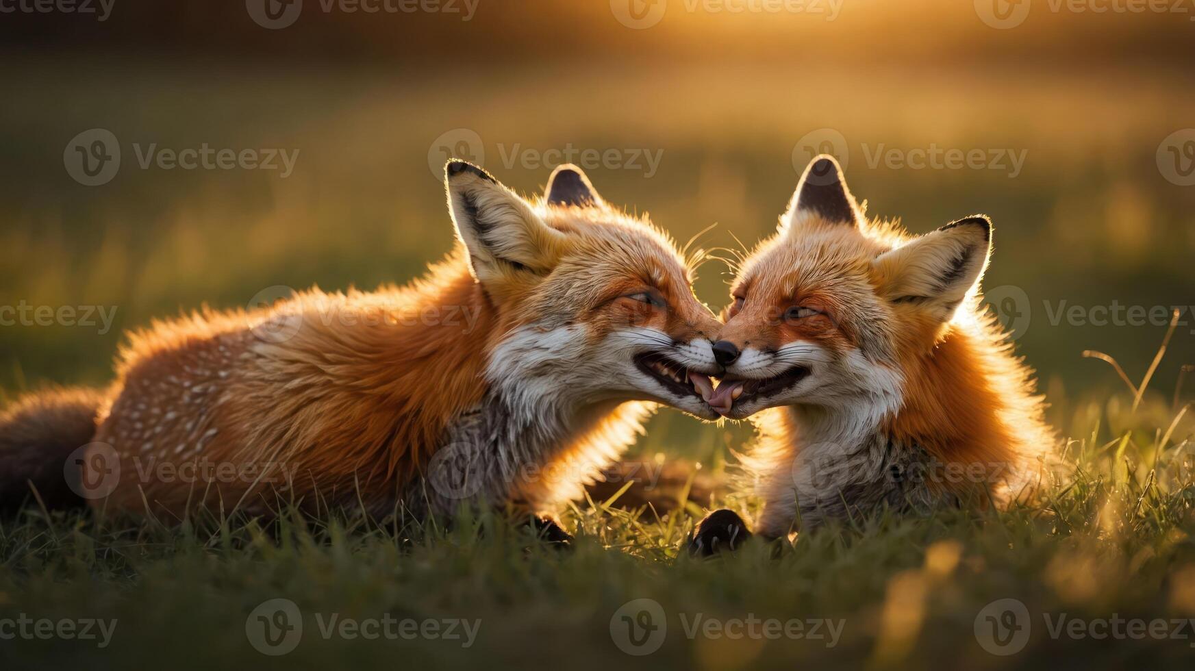 Two playful foxes nuzzle each other in a sunlit meadow during golden hour, surrounded by nature photo
