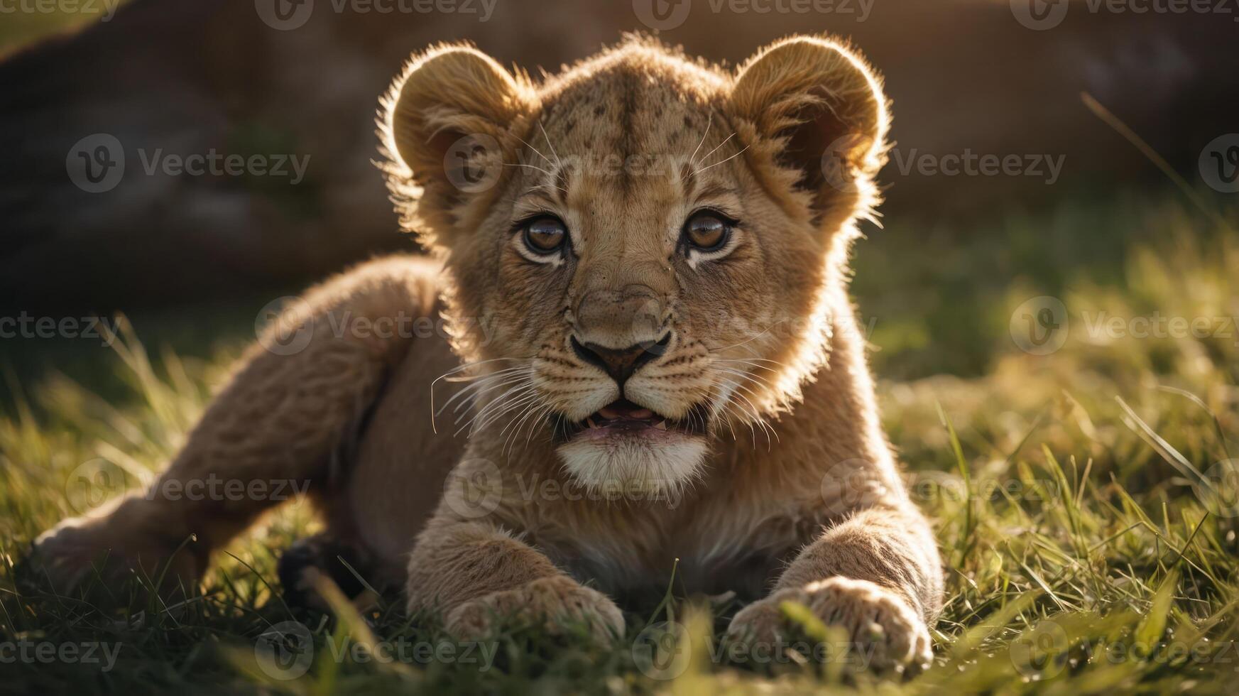 Young lion cub resting on grass in a serene environment with soft sunlight illuminating its fur photo