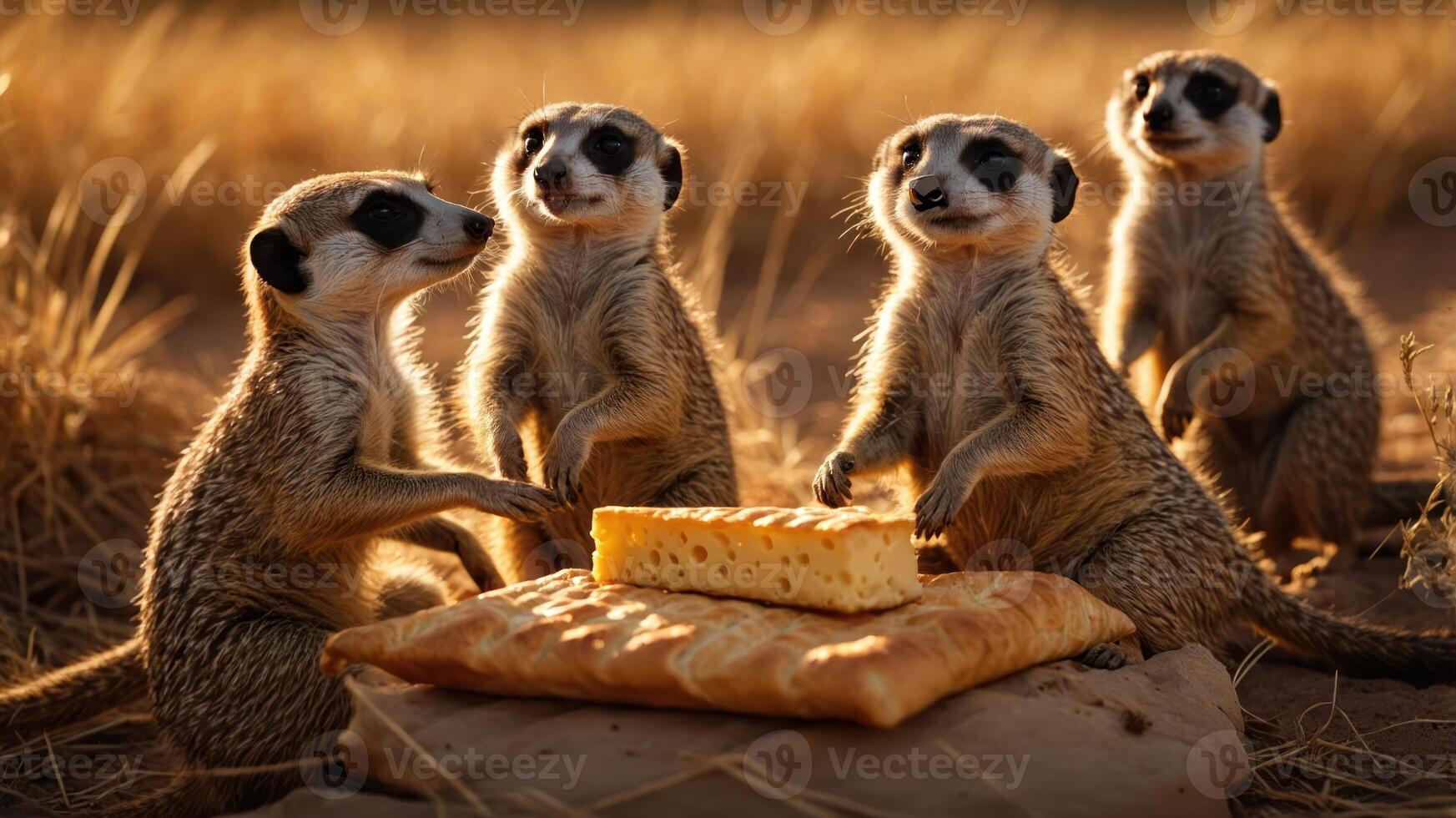 A group of four meerkats enjoying a piece of cheese in a sunlit savanna landscape photo