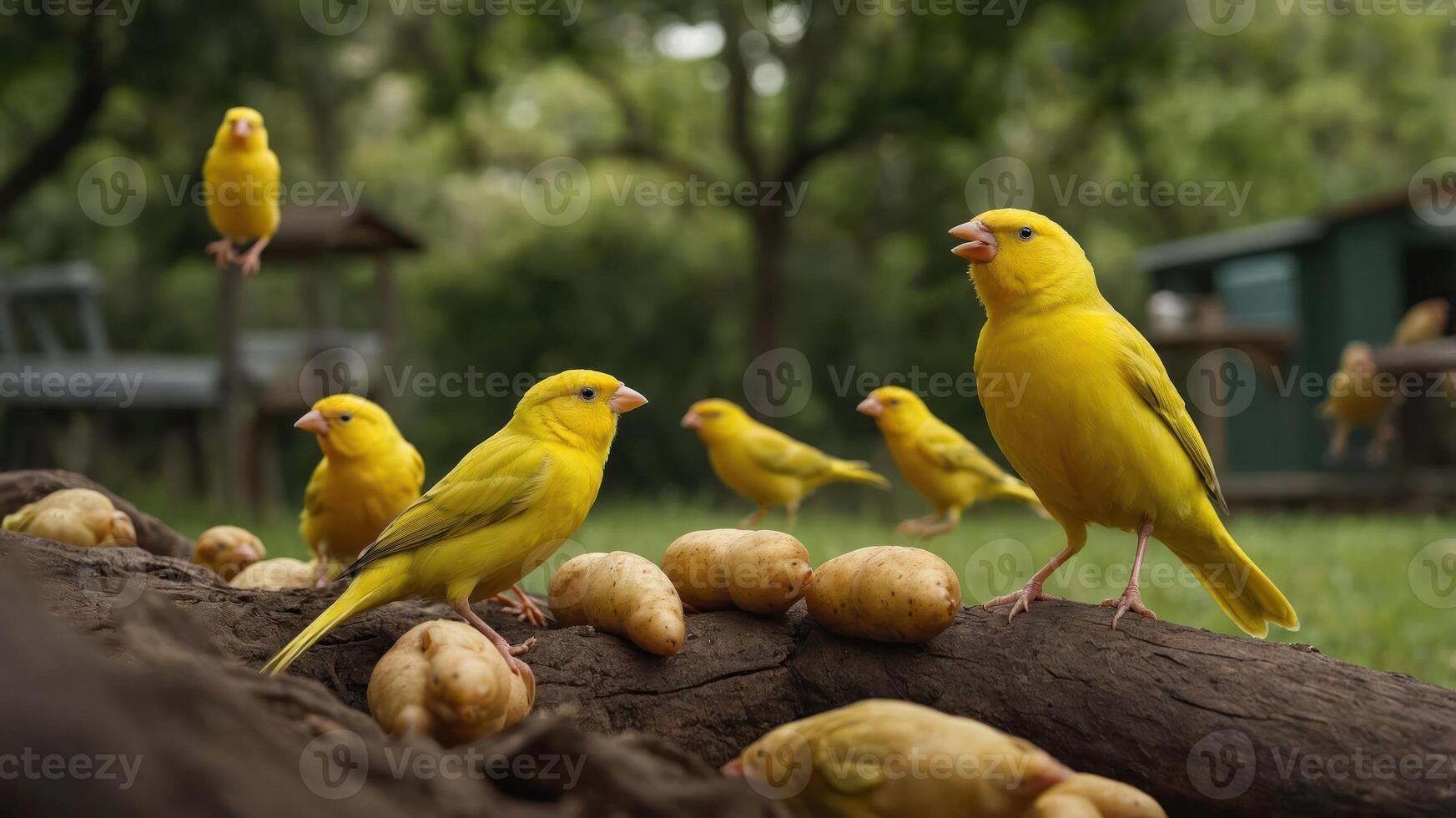 A group of vibrant yellow canaries foraging on a log surrounded by potatoes in a lush garden photo