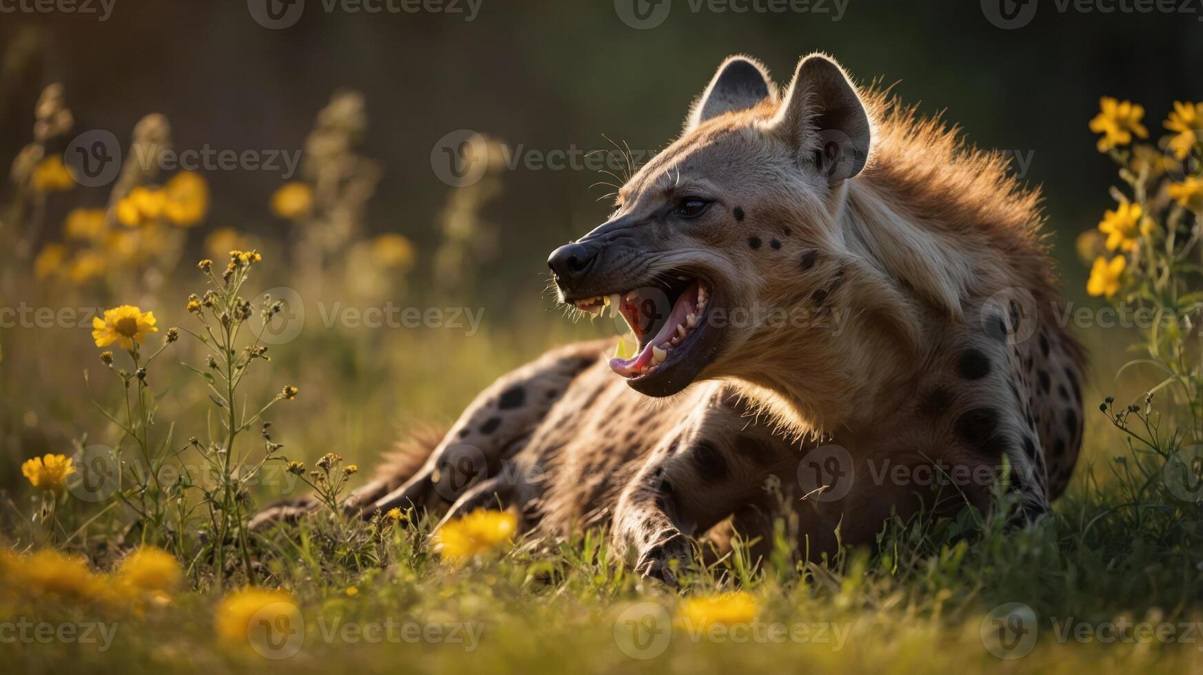 A hyena resting in a sunlit meadow filled with wildflowers, showcasing its fierce expression photo