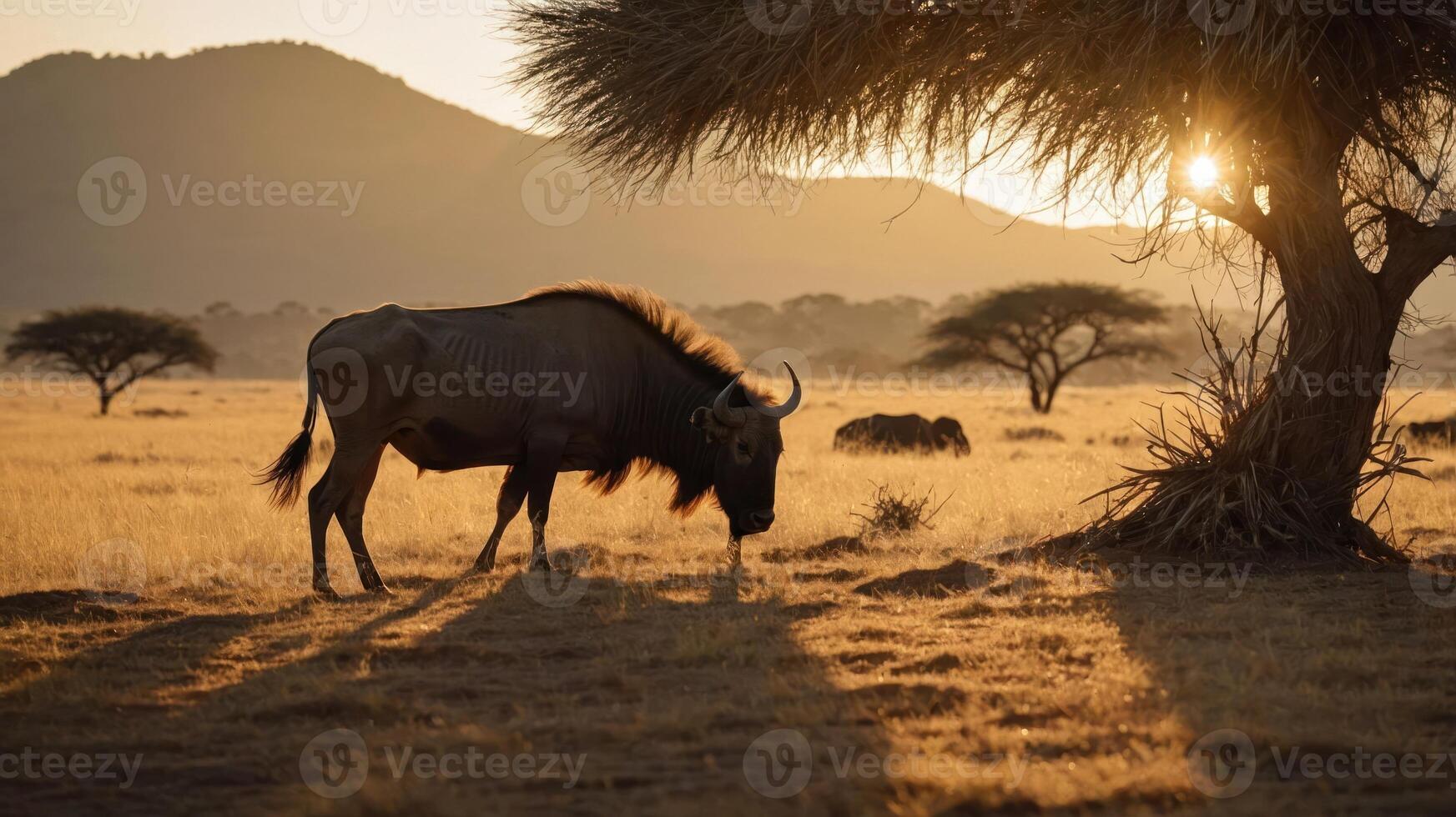 Majestic wildebeest grazing at sunset in a serene savanna landscape with mountains in the background photo