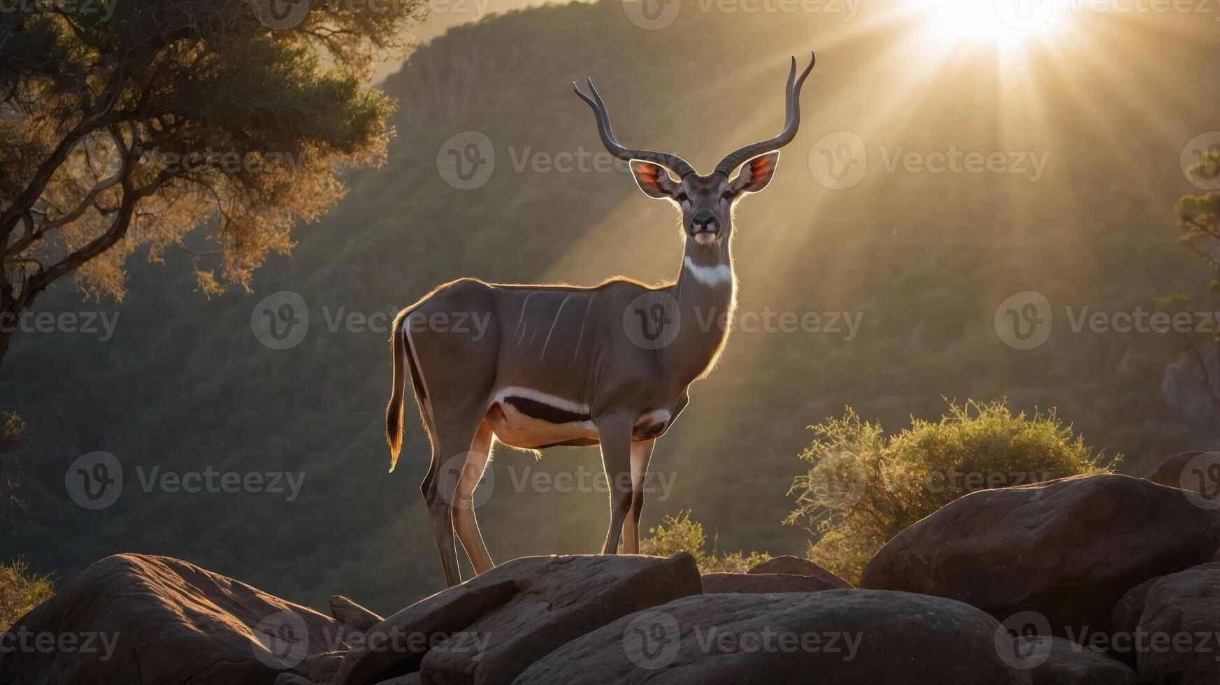 Majestic kudu standing on rocky terrain at sunset, illuminated by golden rays in a serene landscape photo